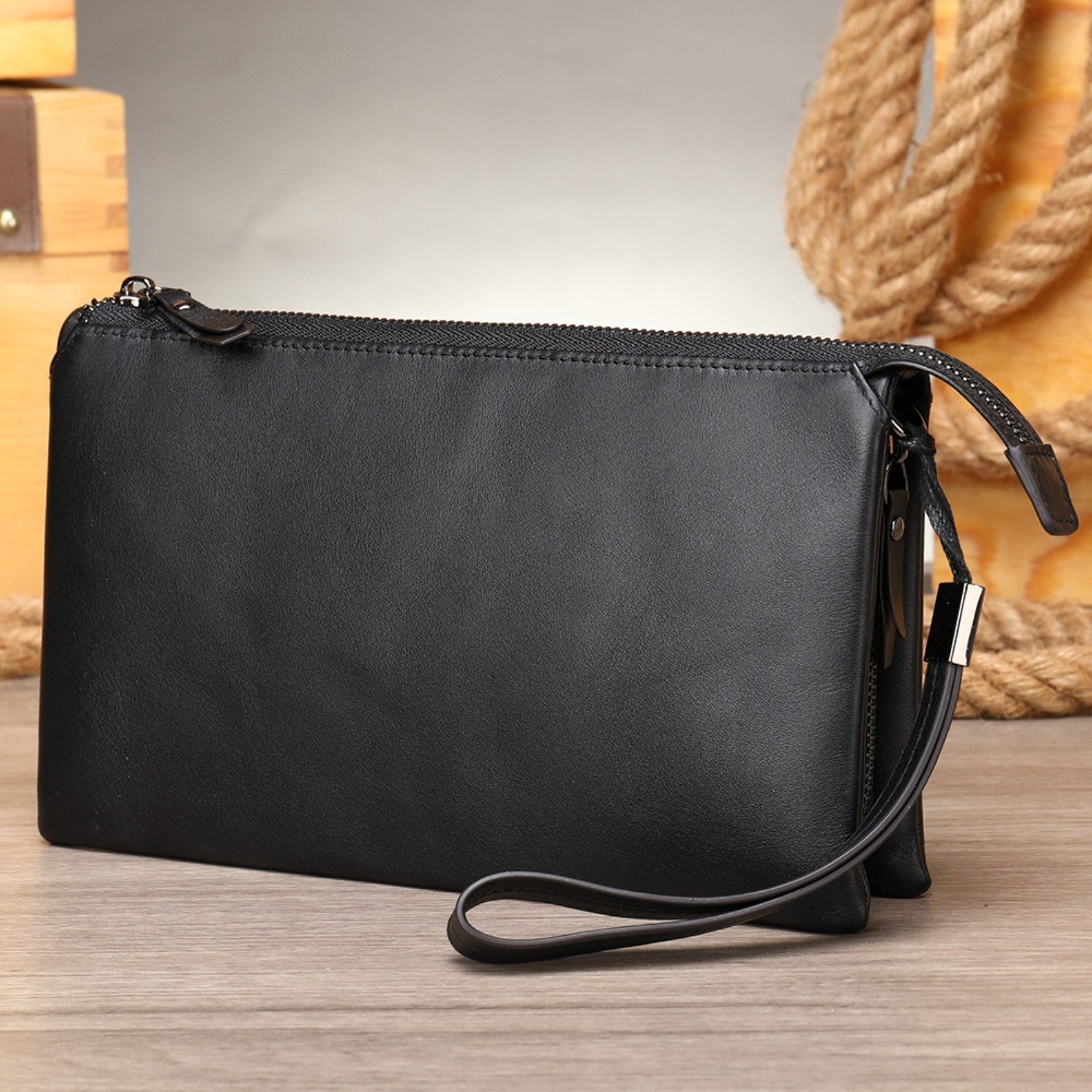 YUBRO-STUDIO Clutch Herren Leder Clutch Tasche Schwarz Wristlet Geldbörse T günstig online kaufen