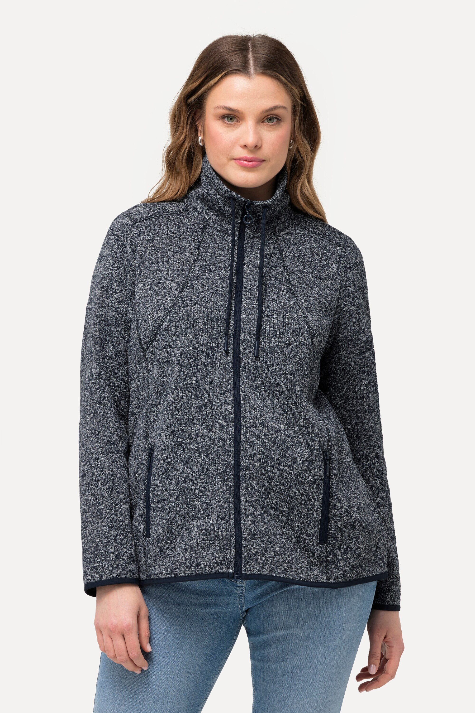 Ulla Popken Sweatjacke Strickfleece-Jacke Rauten Stehkragen günstig online kaufen
