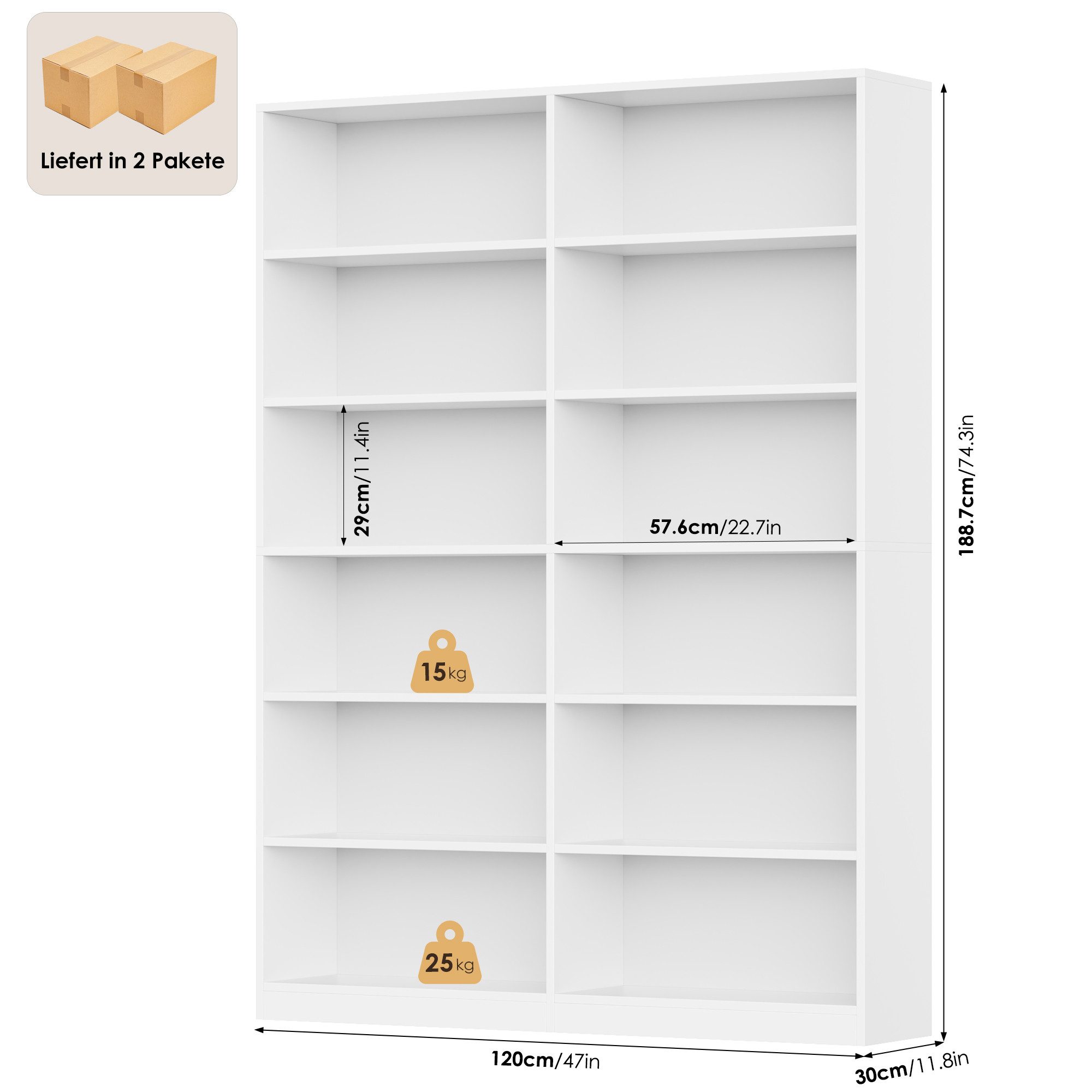 Homfa Bücherregal 188,7cm Standregal Büroregal Raumteiler, mit 12 Fächern, Holz, 120x30x188,7cm