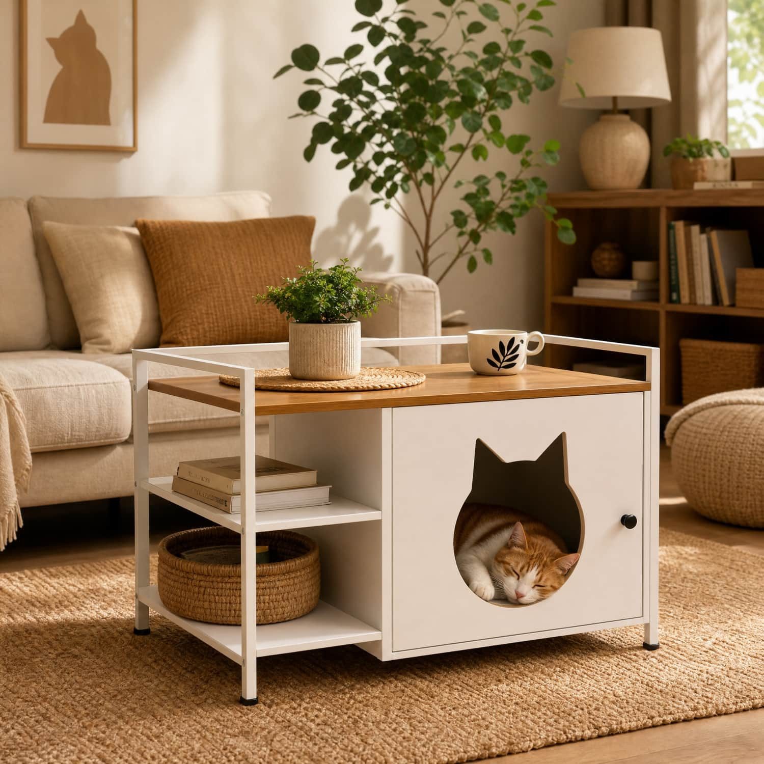 ANYSUN Tierhaus 2-in-1 Katzenmöbel mit 2 Offen Regalen,Verstellbare Füße,Metallrahmen, Weiß-Holzoptik Beistelltisch für Wohnzimmer,Schlafzimmer,76×54×59cm