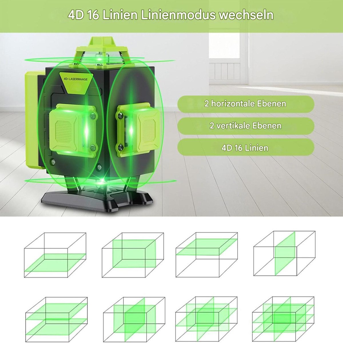 AeroAxis Laserwasserwaage 4D Kreuzlinienlaser, 16 grüne 360°-Linien, Selbstnivellierend, IP54, (Set), 4x 360°-Design, Fernbedienung, 2x Batterie für Innenbereich Baustelle