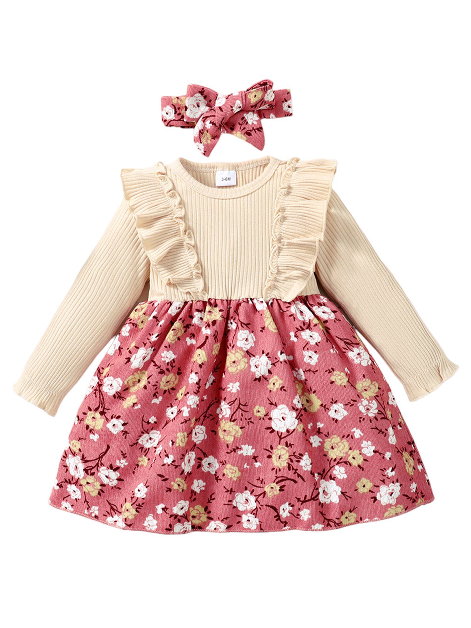 LAPA A-Linien-Kleid Baby Mädchen Langärmliges Strickkleid mit Blumendruck Casual Outfit (Set, 2-tlg, Kleid & Strinband) Rundhalsausschnitt Partykleid Mit Rüschen