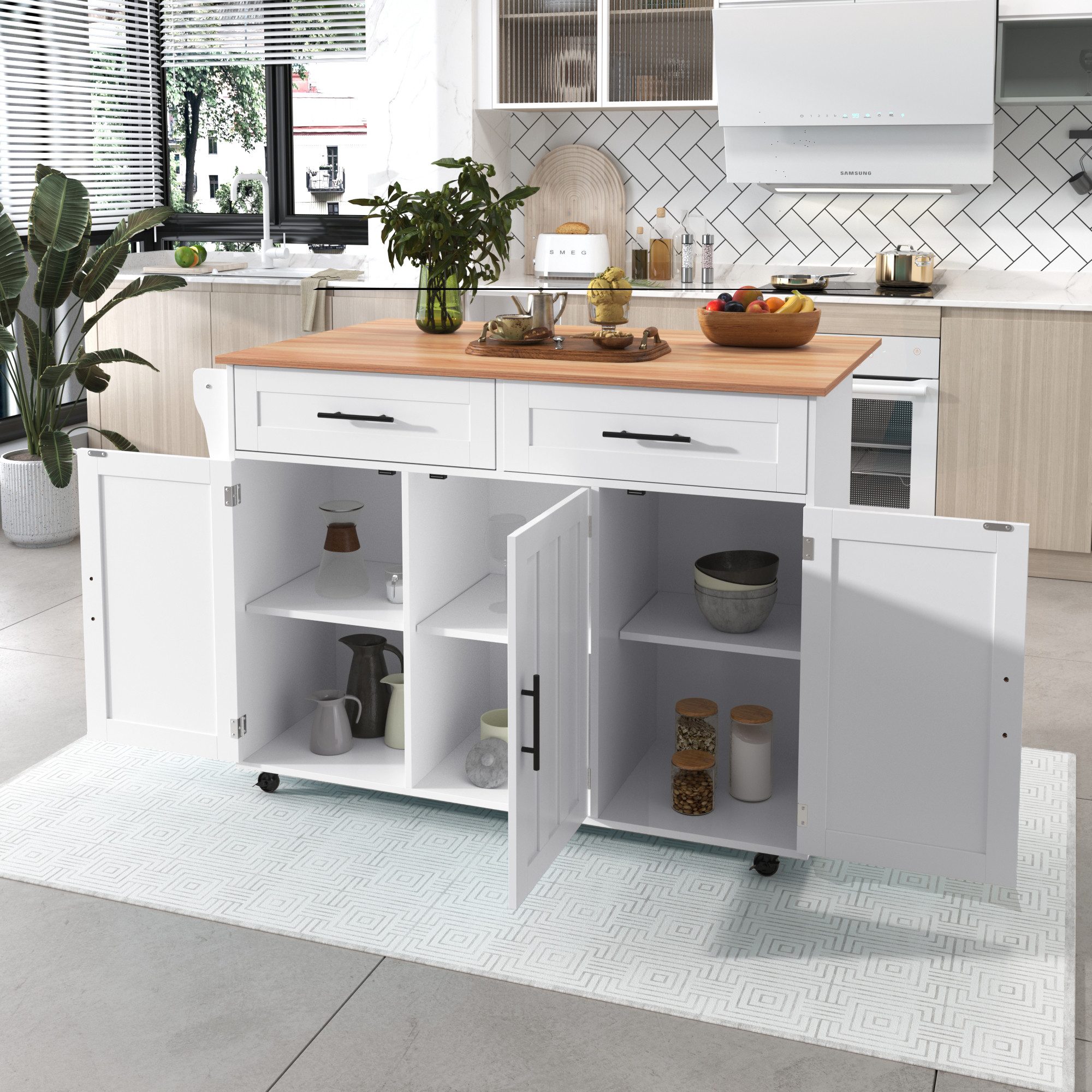 Sideboard mit Rollen und Arbeitplatte Kücheninsel Esstischwagen mit Schubladen