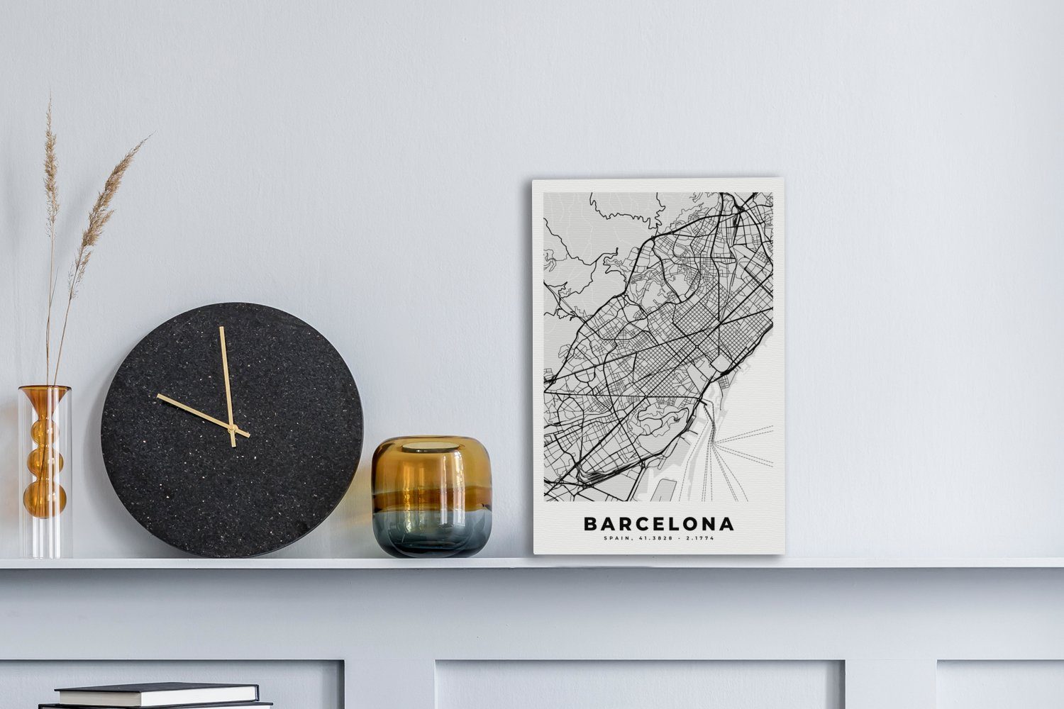 - Barcelona (1 inkl. Karte bespannt Zackenaufhänger, 20x30 weiß, OneMillionCanvasses® Leinwandbild - cm Stadtplan Leinwandbild - fertig St), Schwarz und Gemälde,