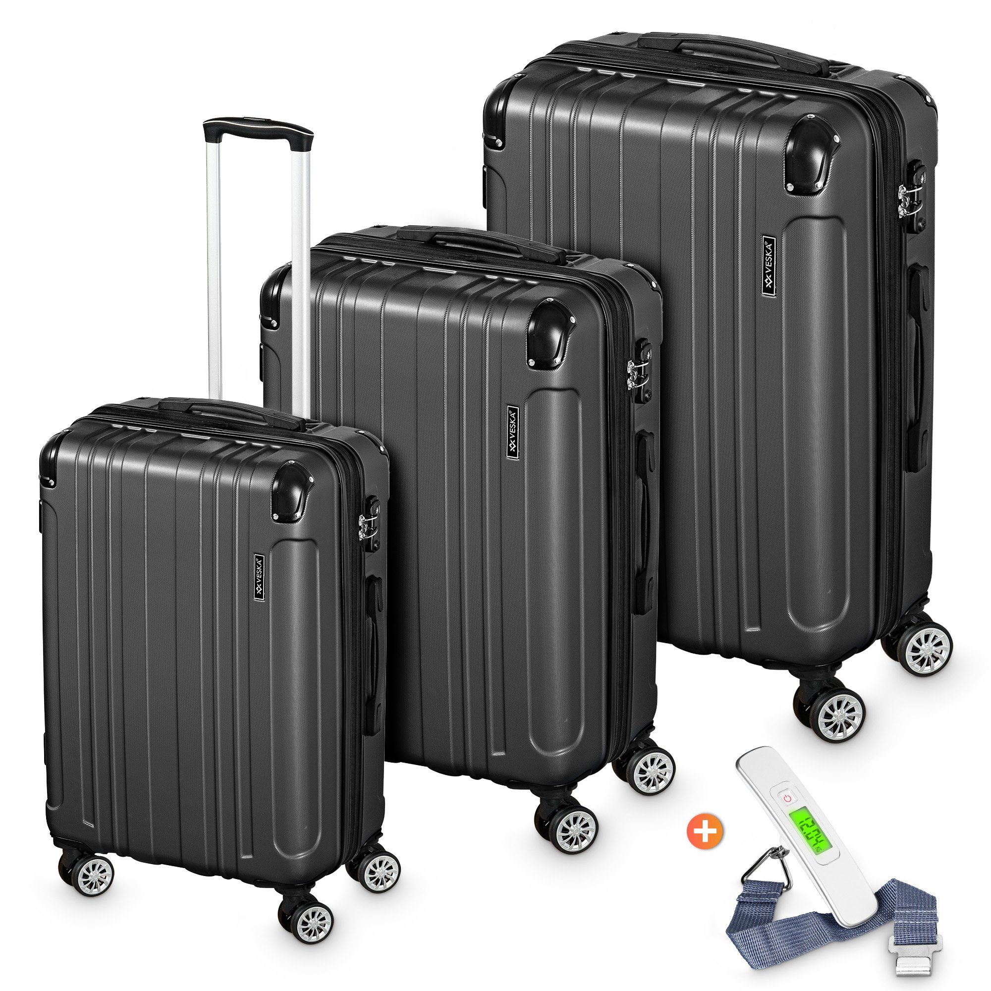 Reisekoffer Trolleyset mit TSA anthrazit 4 Zahlenschloss teilig Hartschalenkoffer Kofferset Trolley 3 Koffer Rollkoffer ABS-Hartschale, VESKA Rollen,