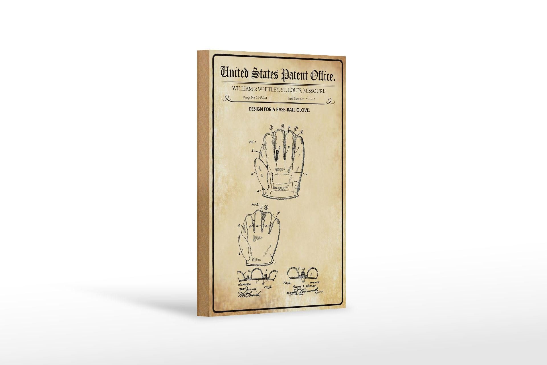 Femer GmbH Holzbild Patent 12x18 cm Entwurf für einen Baseball-Handschuh, (1 St), Glatte Holzfaserplatte (MDF), vorn beschichtet