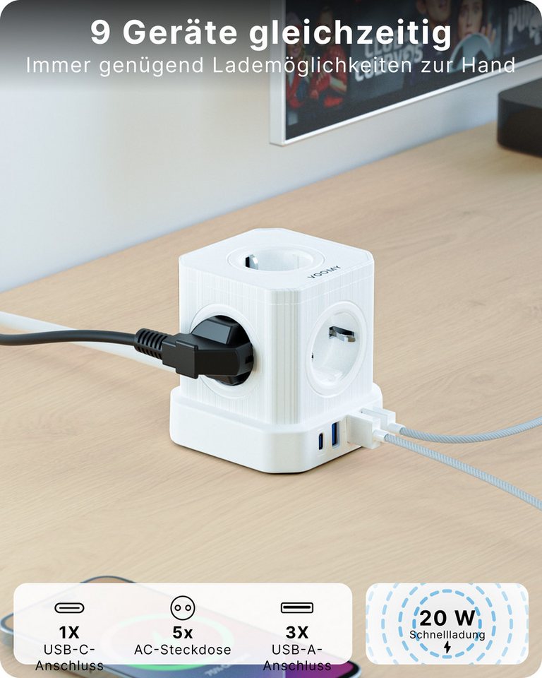 Thumbnail - Voomy Power S6 Mehrfachsteckdose (1 USB-C, 3 USB-A, 5 AC, mit Überspannungsschutz, Kabellänge 2 m), 4000W mit Schalter