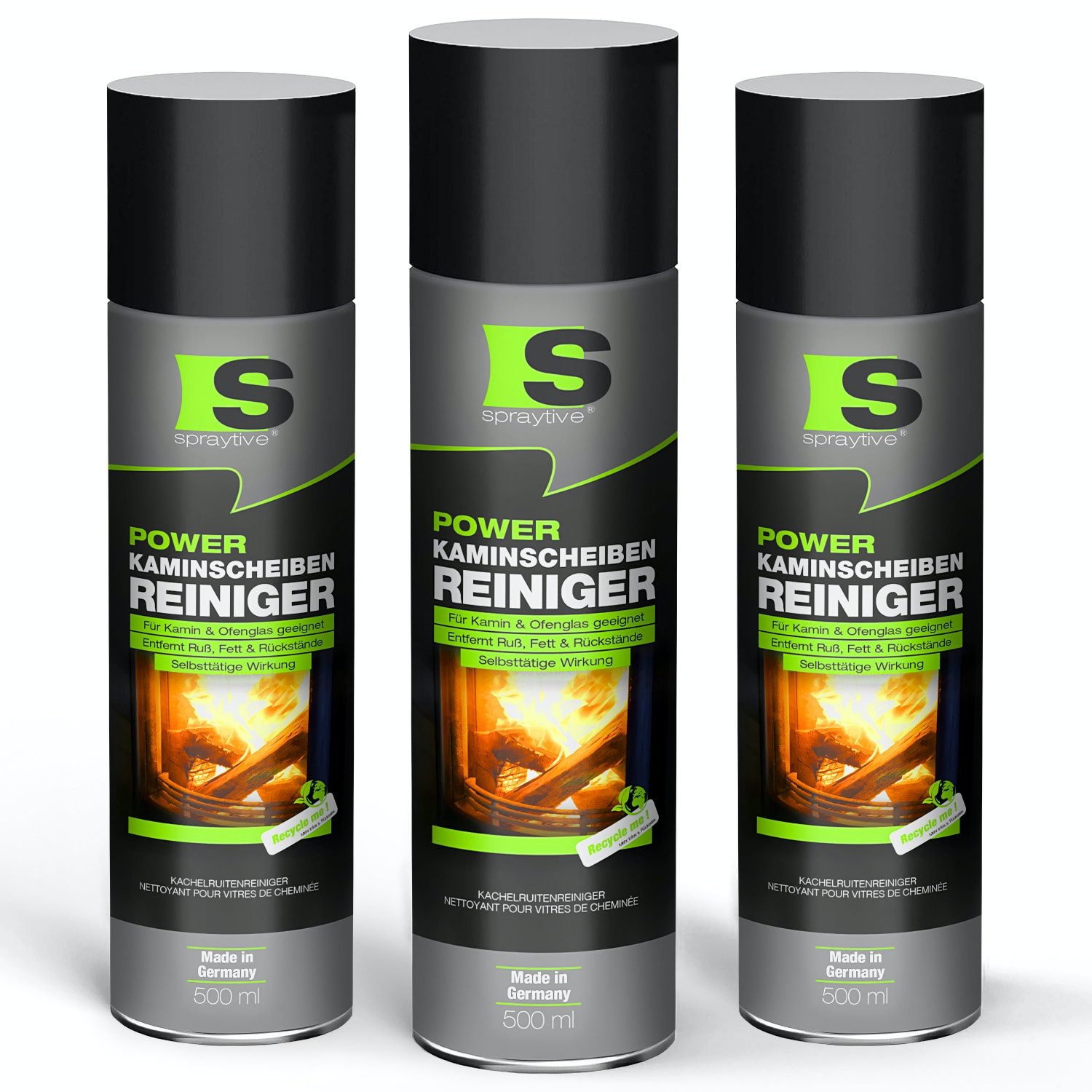 Spraytive 3 x 500ml Power Kaminscheibenreiniger – Selbsttätiger Reinigungsschaum Scheibenreiniger (Made in Germany)