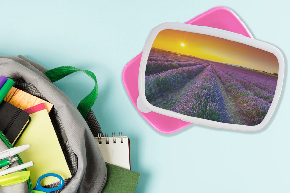 Lavendel, Brotdose Kinder, Sonnenuntergang (2-tlg), MuchoWow Lunchbox Brotbox Oranger Kunststoff, voller Mädchen, für rosa über Erwachsene, einem Snackbox, Kunststoff Feld