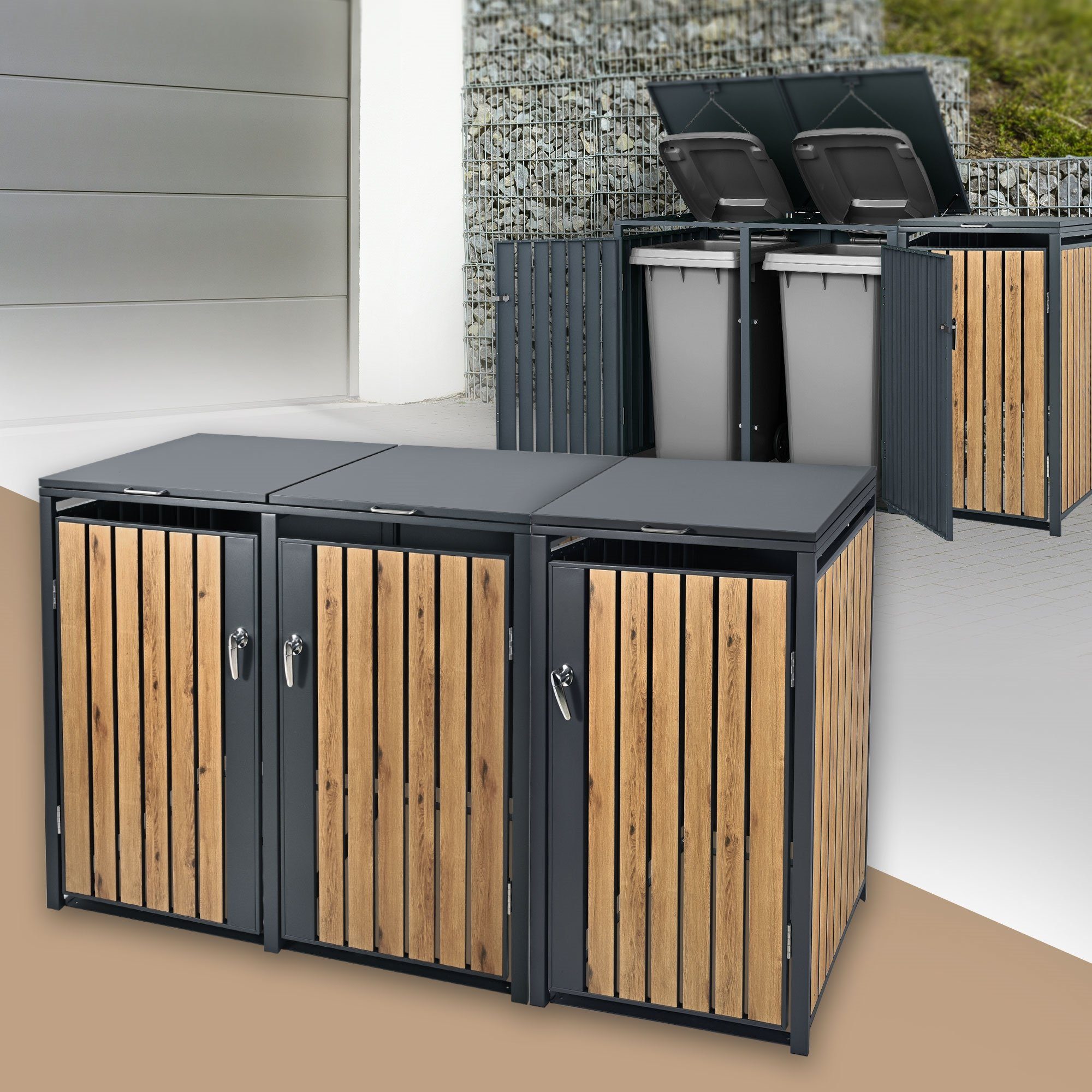 ML-DESIGN Mülltonnenbox Mülltonnenbox für 3 Tonnen 240L 200x80x116,3 cm  Anthrazit Eichenoptik