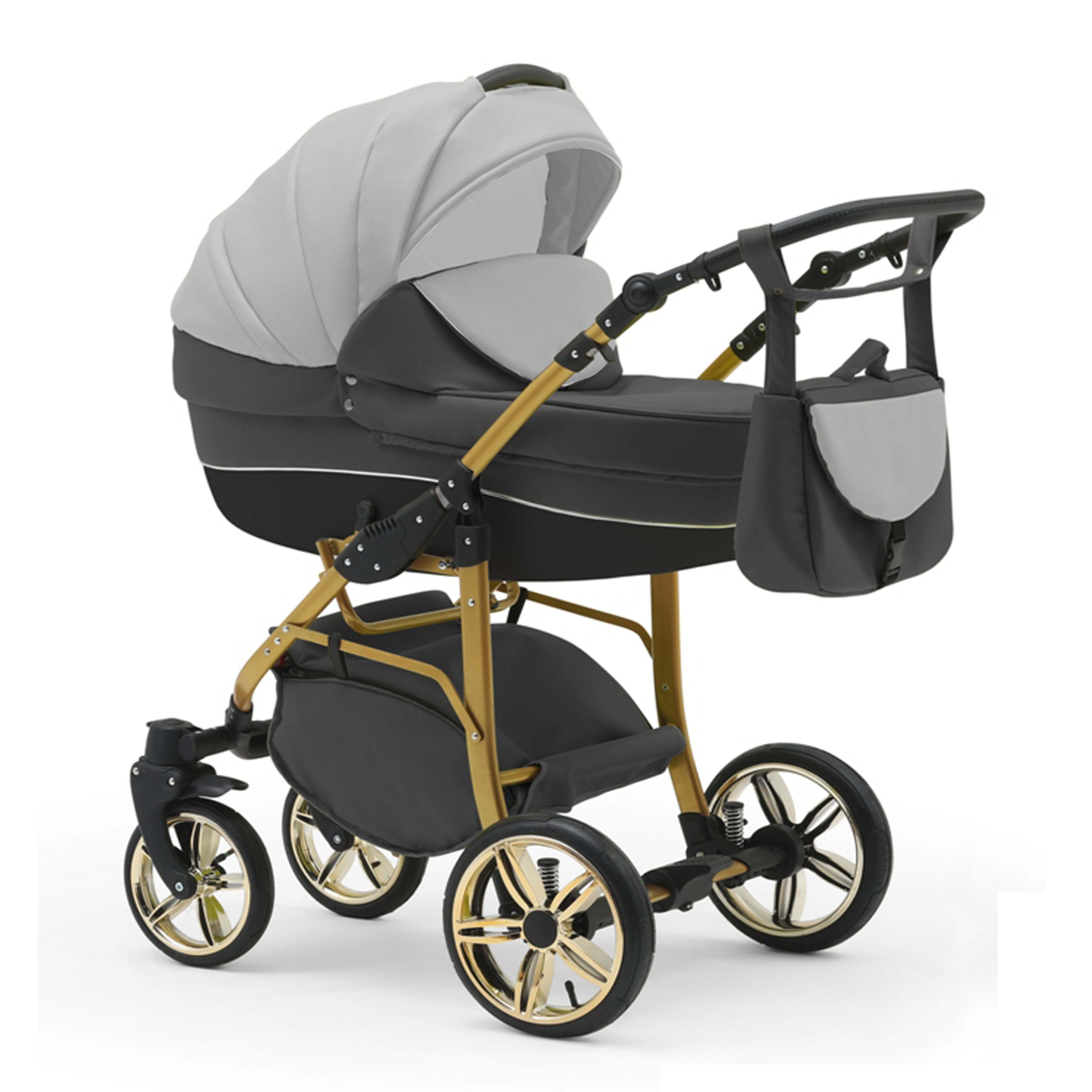 babies-on-wheels Kombi-Kinderwagen 2 in Cosmo in Teile 46 Grau-Dunkelgrau-Schwarz ECO 1 13 Farben Kinderwagen-Set Gold - 