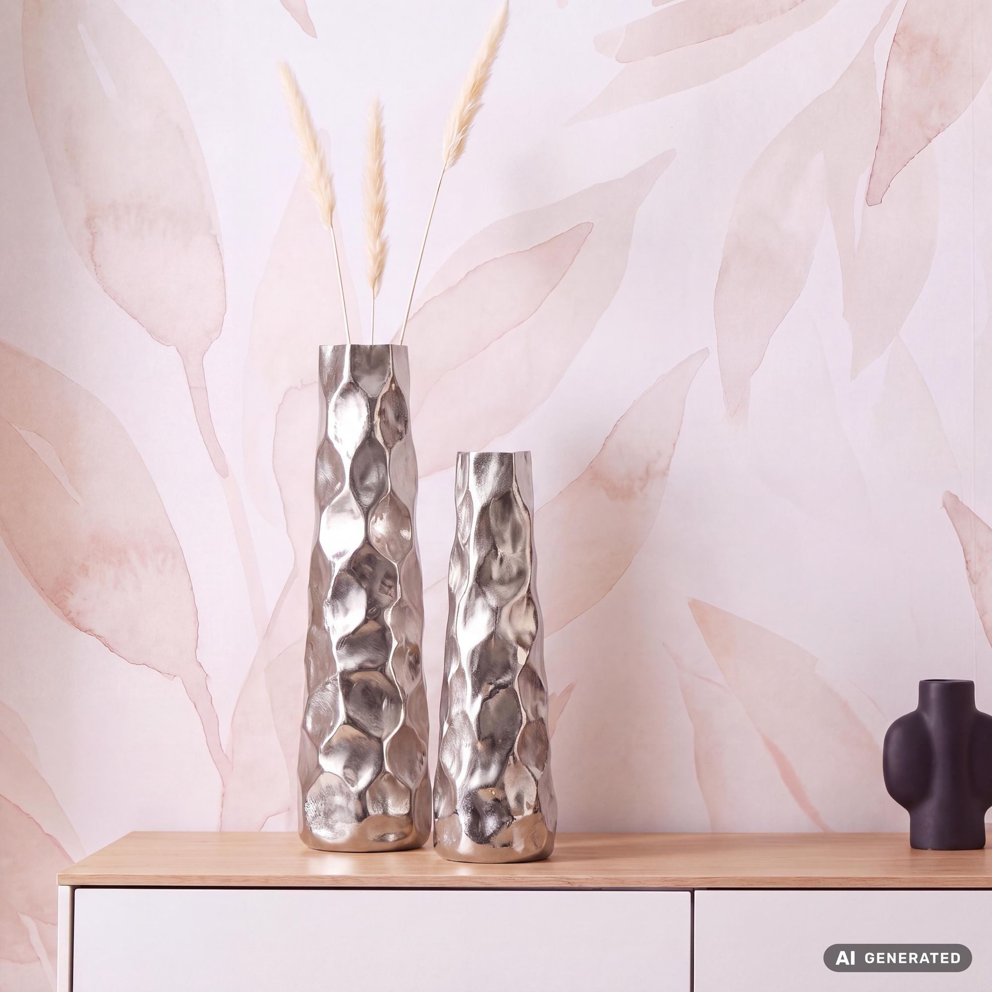 FINEBUY Dekovase FB65106 Vase 2er Set Blumenvase Aluminium Tischvase Hammerschlag (Vase 2er Set Aluminium Silber Modern Hammerschlag), Blumenvase 2-teilig, Tischvase Wohndeko Tischdeko