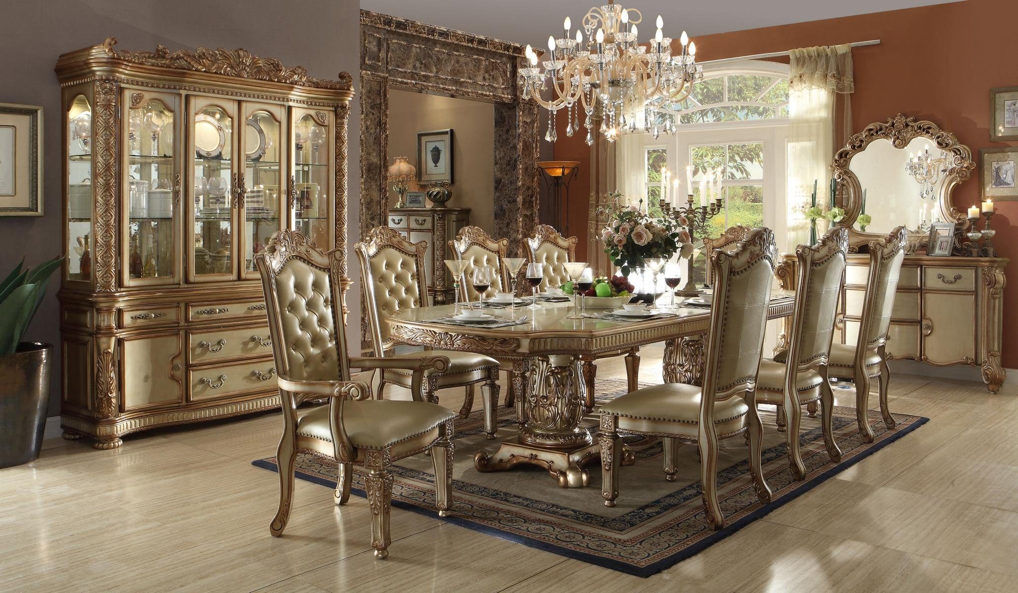JVmoebel Esszimmer-Set Königliches Barock Esszimmer Set in Gold mit Lederstühlen, (Esszimmer-Set, Küchen-Set), Made in Europa