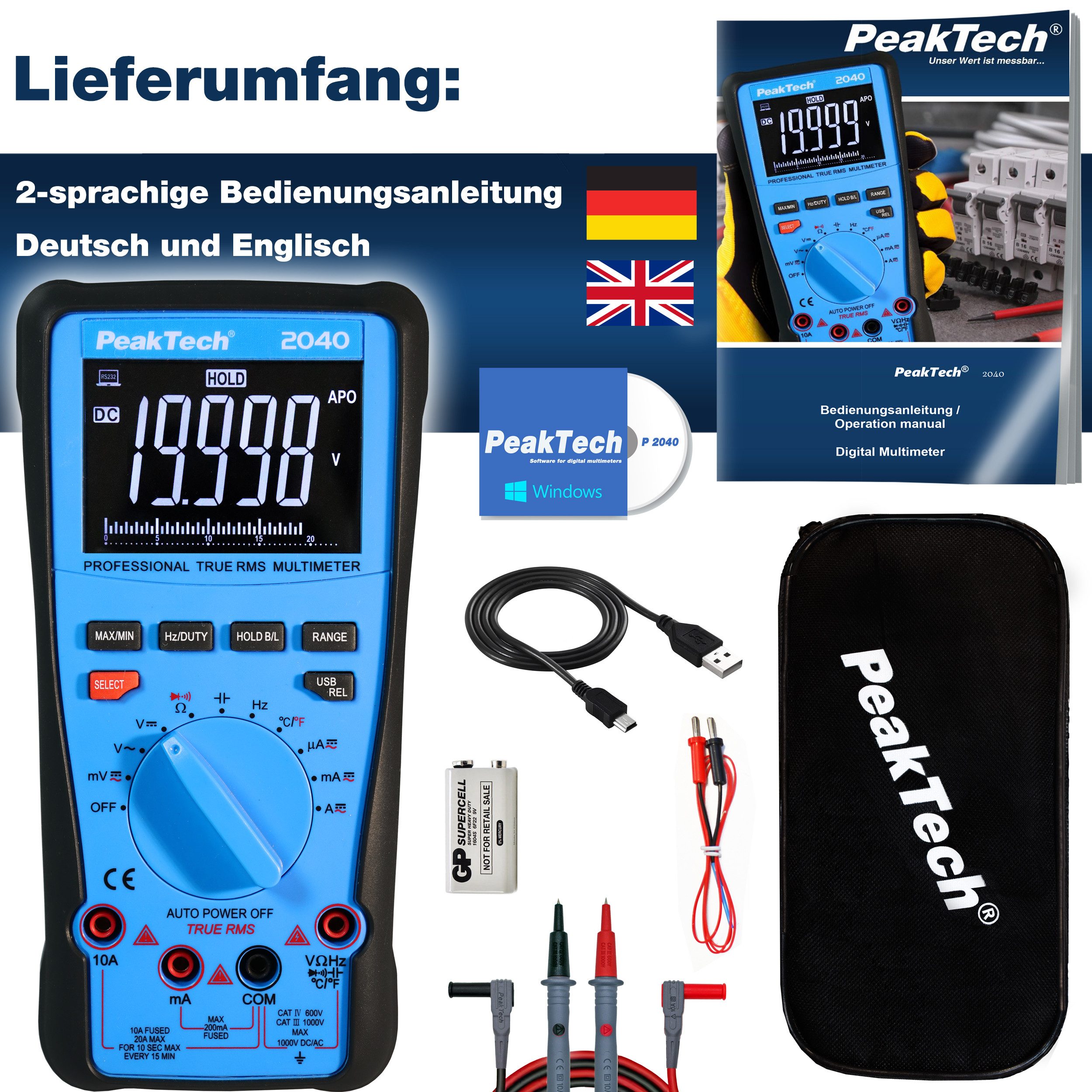 PeakTech Multimeter True RMS Digitalmultimeter 1000V 20A 20000 Counts USB