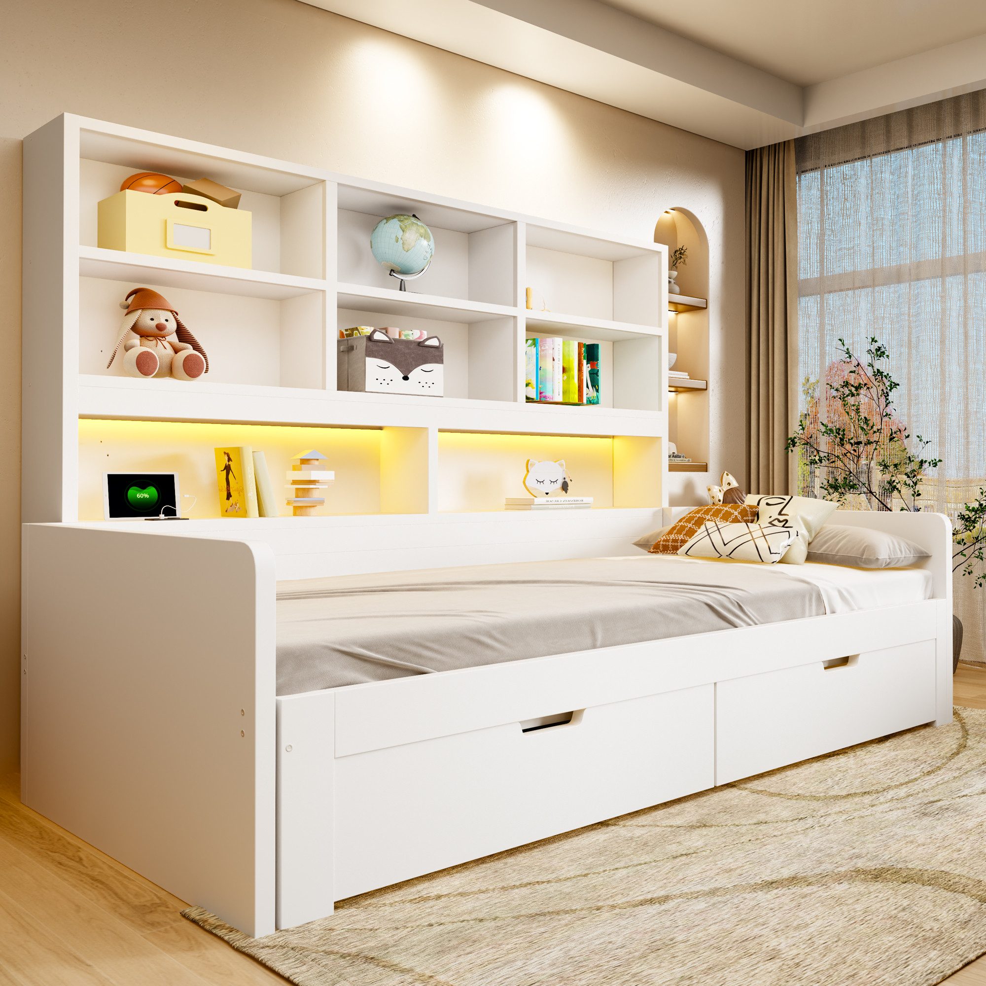i@home Ausziehbett Holzsofa-Bett 90 / 180 × 200 cm Ausziehbett, Jugendbettgestell, Weiß (offenen Ablagefächern & Schubladen), mit vielseitigem Stauraum, LED-Beleuchtung, Steckdosen
