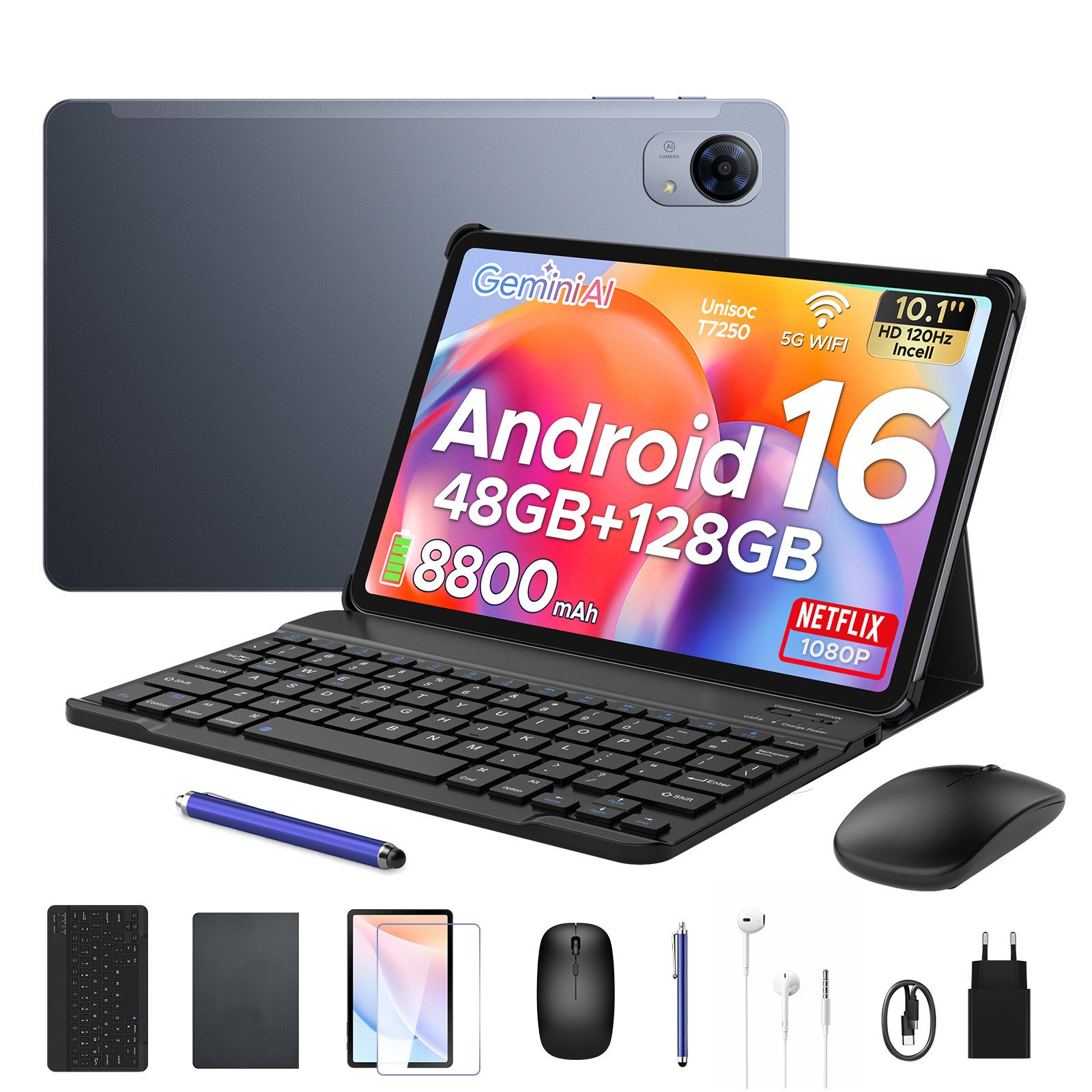 POCKAM P10 Pro Android 16 Tablet 10 Zoll 120Hz, 8800mAh Akku, mit Tastatur Tablet (10,1", 8 GB, Android 16, 13 MP, Gemini AI, 5G WiFi/Widevine L1/GPS/Face ID/zwei Lautsprecher)