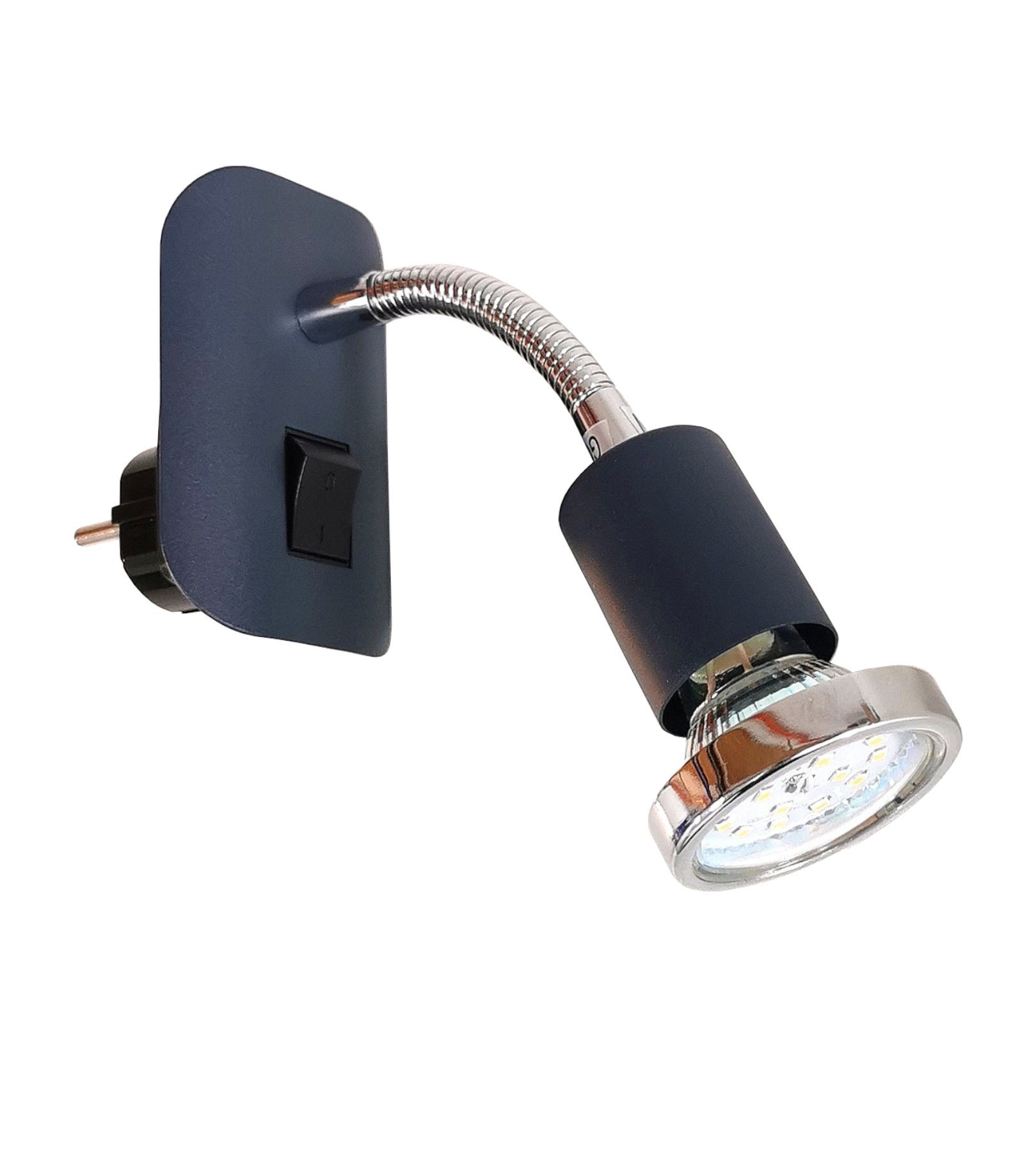 TRANGO LED Steckdosenleuchte, 11-055 Steckerleuchte im Anthrazit-Schwarz Steckerlicht *FLEXI* Nachtlicht inkl. je 1x GU10 3000K warmweiß LED Leuchtmittel Chrom Ring, ON/OFF Schalter Leselampe, Wandlampe, Küchenlampe