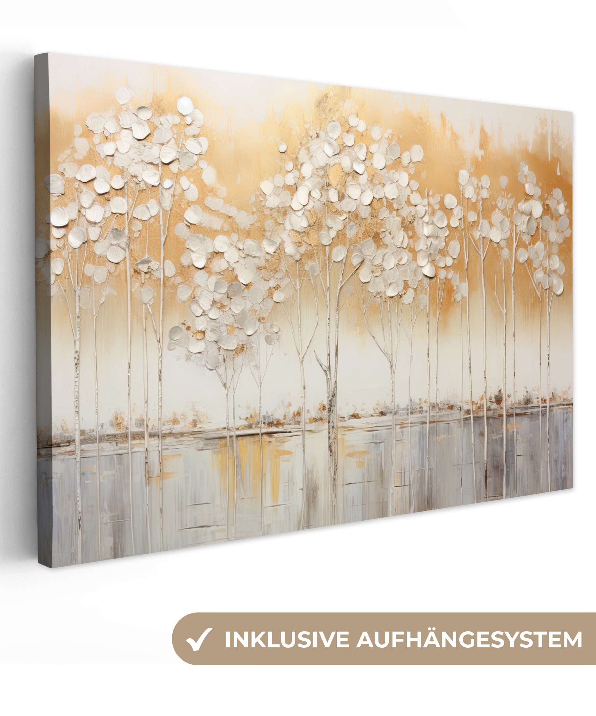 OneMillionCanvasses® Leinwandbild Bäume - Kunst - Acryl - Natur, Gold, Grau (1 St), Leinwand Bilder Klein, Wand Dekoration 30x20 cm