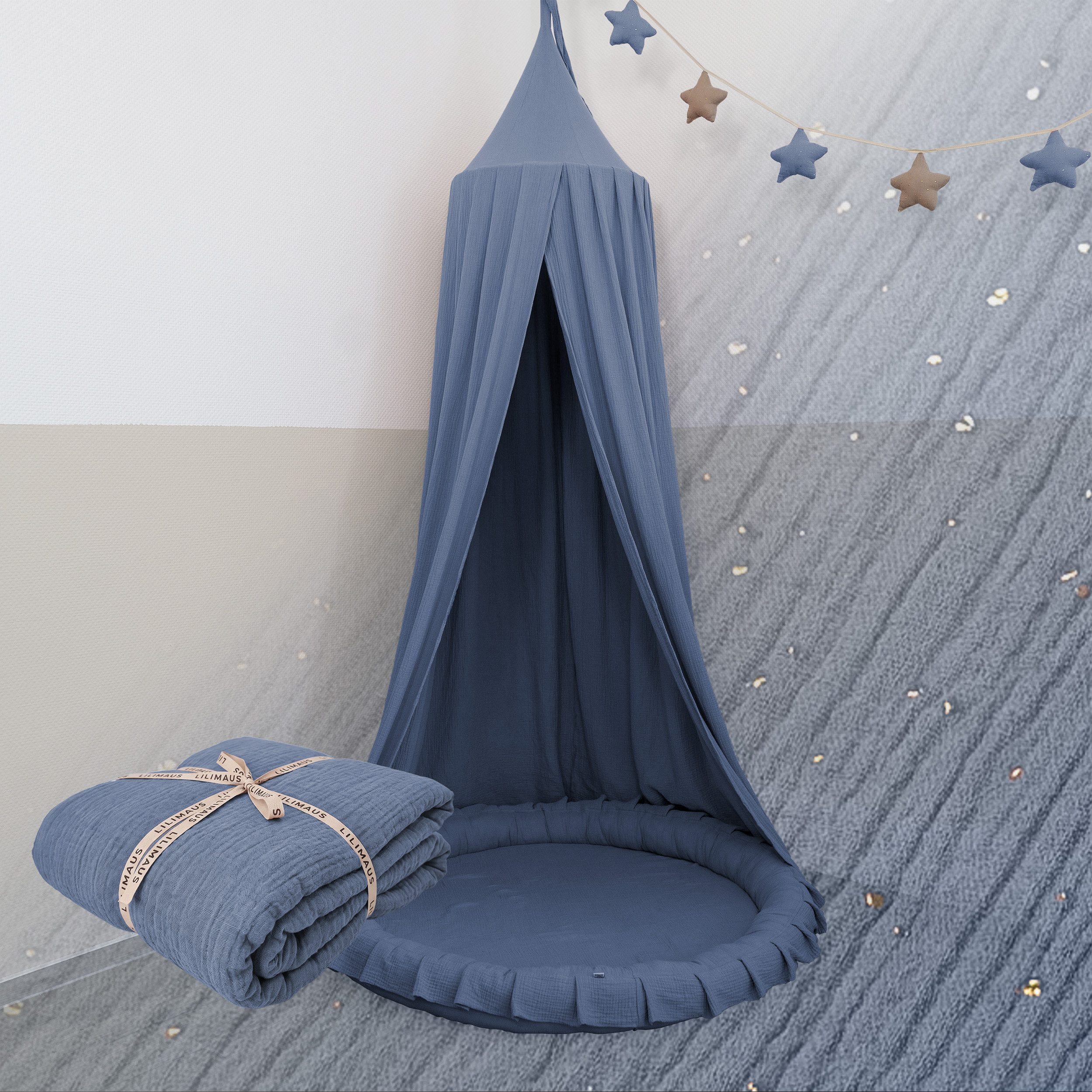 lilimaus Betthimmel für Kinderzimmer & Kuschelecke - großer Baldachin aus 100% Musselin (1-tlg), zart schimmernde Gold-Punkte - Rückzugsort zum Träumen & Lesen