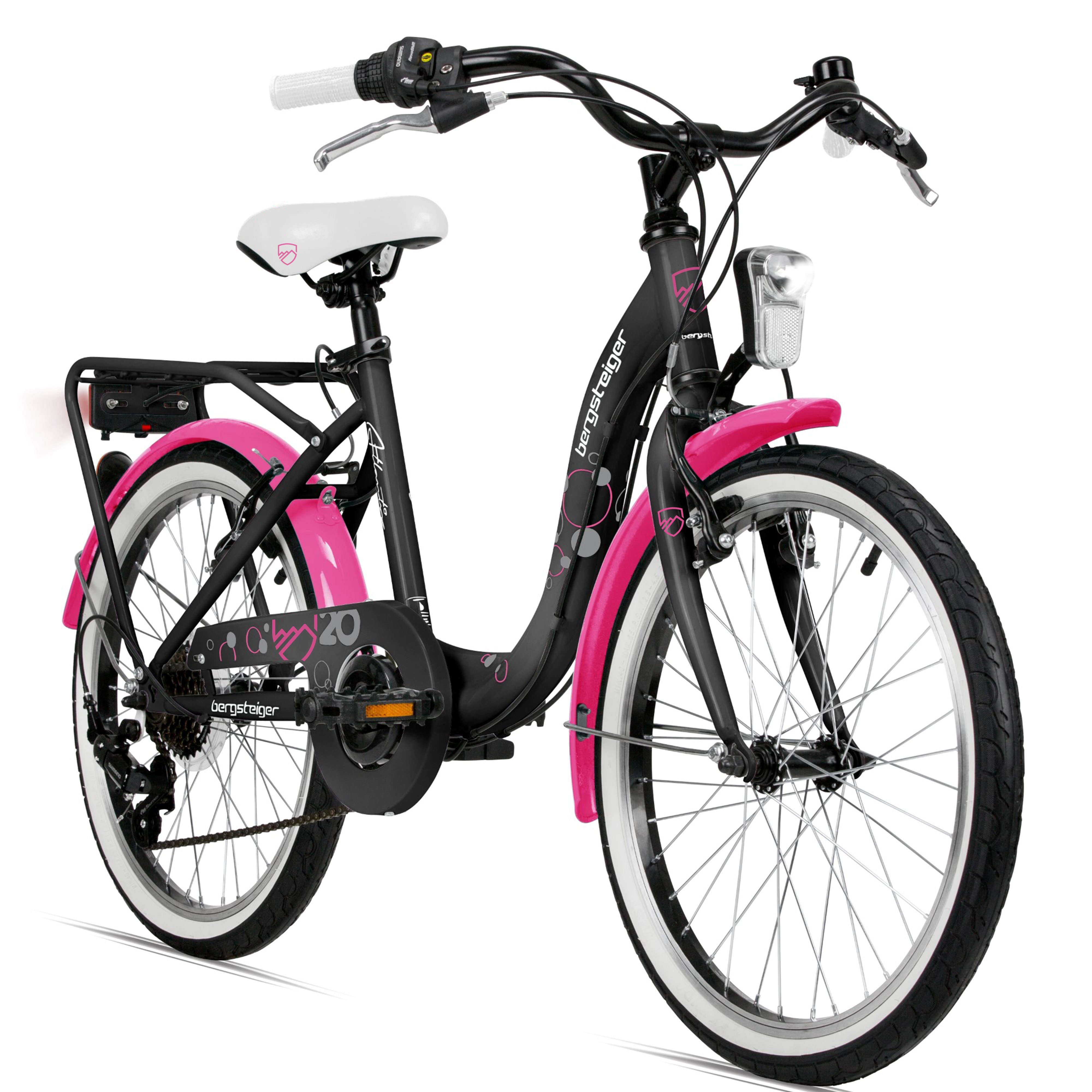 bergsteiger Kinderfahrrad Atlantis 20, 24 Zoll Mädchenfahrrad, 6 - 11 Jahre, StVZO, 6 Gang Shimano Tourney RD-TY300 Schaltwerk, Kettenschaltung, V-Bremse