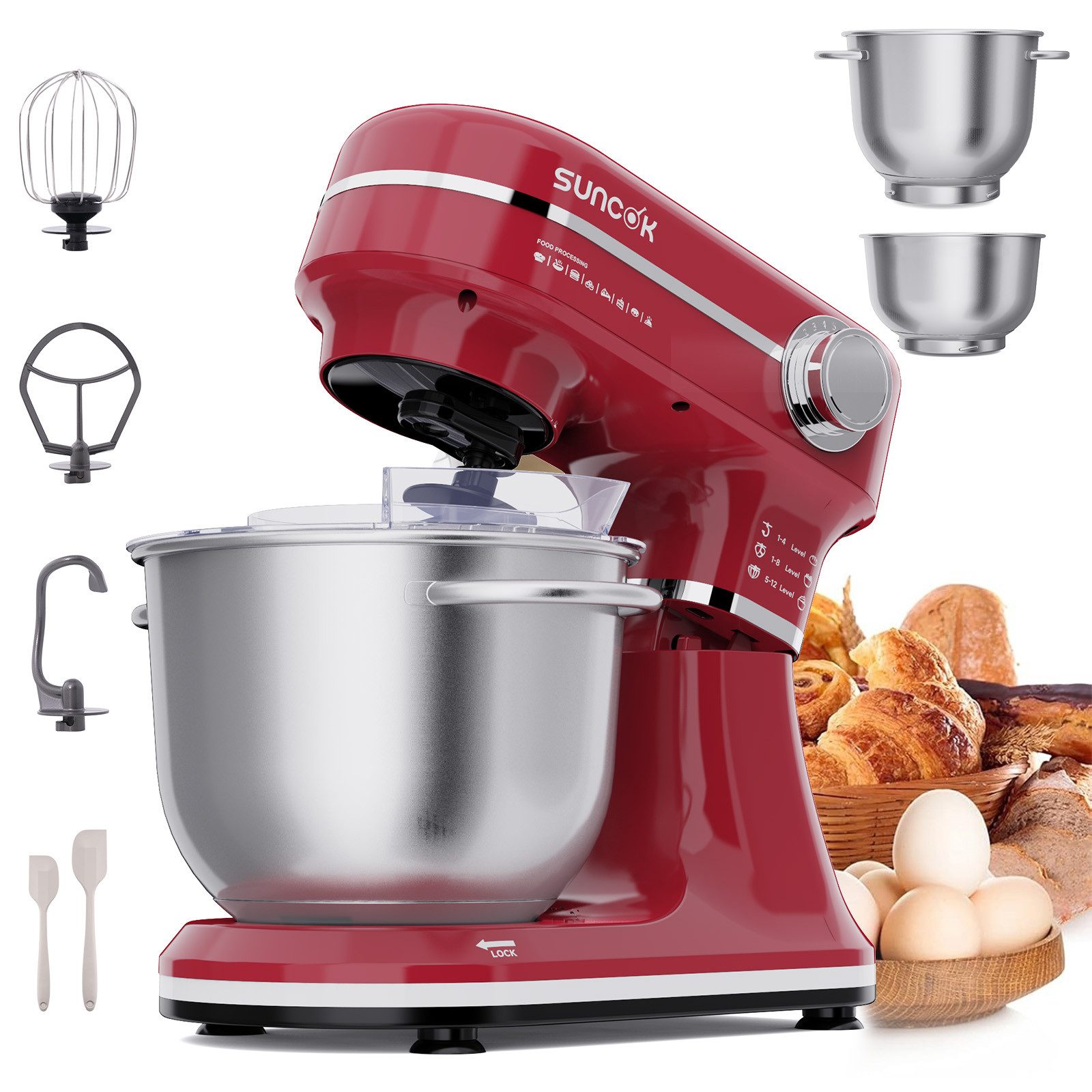 SUNCOK Küchenmaschine Multifunktionale Knetmaschine, 12-Geschwindigkeit, 59 Dezibel. geeignet zum Backen und Kneten von Teig, 1500 W, Elektrische Küchenmaschine,mit 2 Edelstahl-Rührschüsseln 4,5 und 5,5l