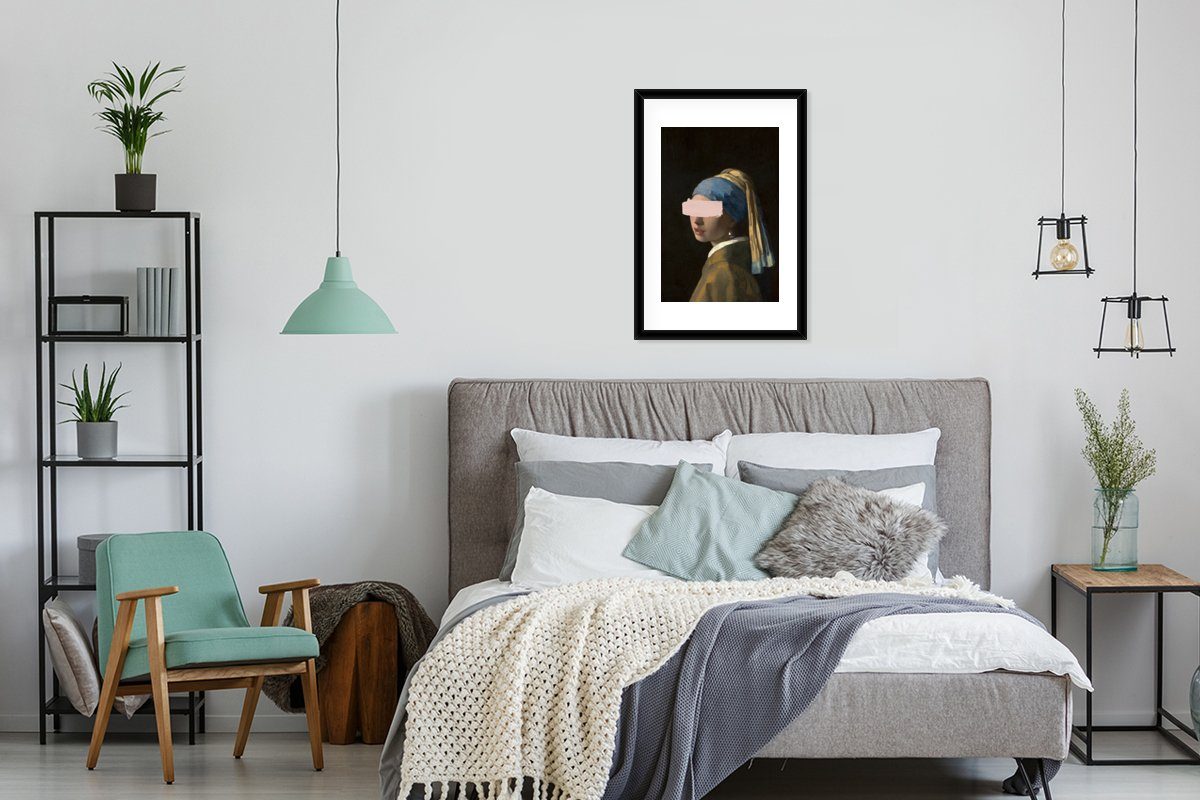 Pastell, Schwarzem MuchoWow Rahmen, Johannes - St), Poster, - Gerahmtes mit Bilderrahmen mit Perlenohrring Vermeer Mädchen Kunstdruck, (1 Poster