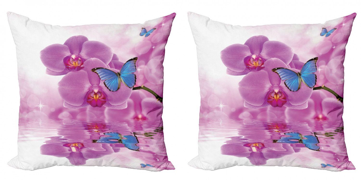 Modern (2 Kissenbezüge Doppelseitiger Schmetterling Accent Stück), Wasser Digitaldruck, Orchideen-Blüte Abakuhaus auf