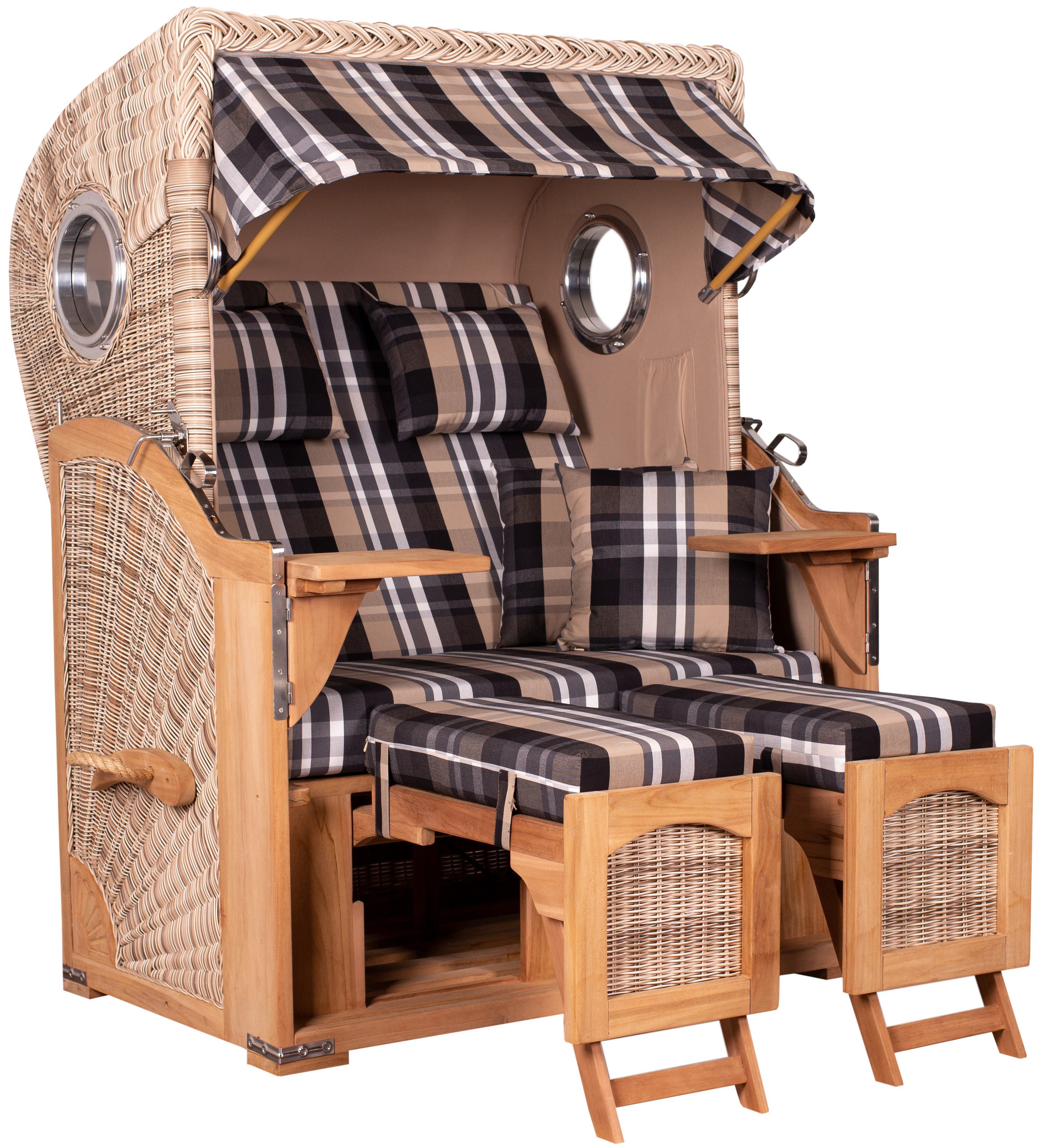 MR.DEKO Strandkorb Strandkorb Düne Volllieger Teak PE Shell -Geflecht Bullaugen 2-Sitzer, BxTxH: 125x80x170 cm, Ostsee-Strandkorb, (Premium-Strandkorb für Garten, Terrasse & Balkon), Aufgebaut geliefert, mit Schwenktischen, Edelstahlbeschläge, Lifter