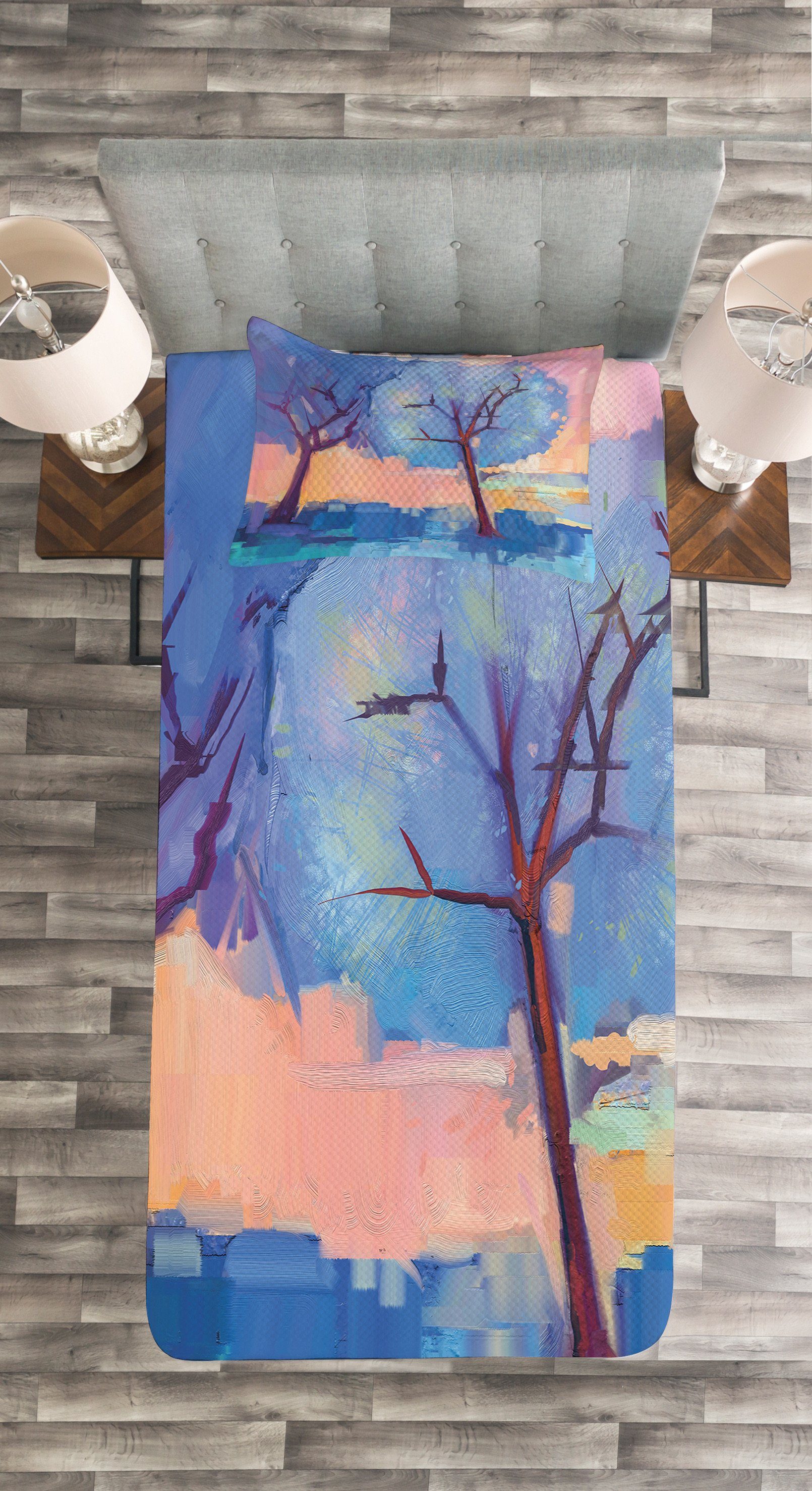 Waschbar, mit Kissenbezügen Bäume Impressionist Natur Abstrakt Tagesdecke Set Abakuhaus,