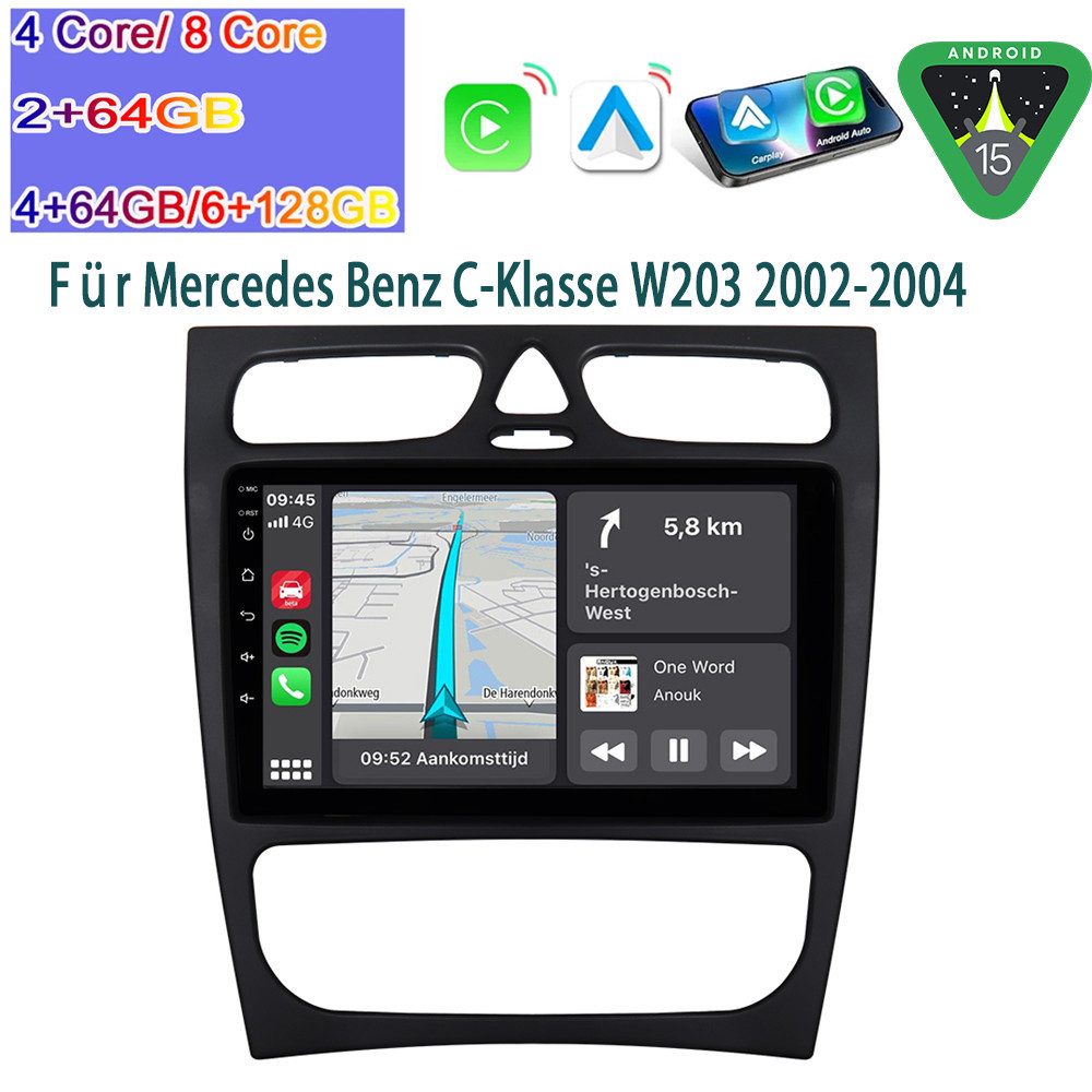 A-Sure Autoradio Android 15 Carplay Für Mercedes Benz C-Klasse W203 W209 Autoradio (Digitalradio (DAB), FM, AM)