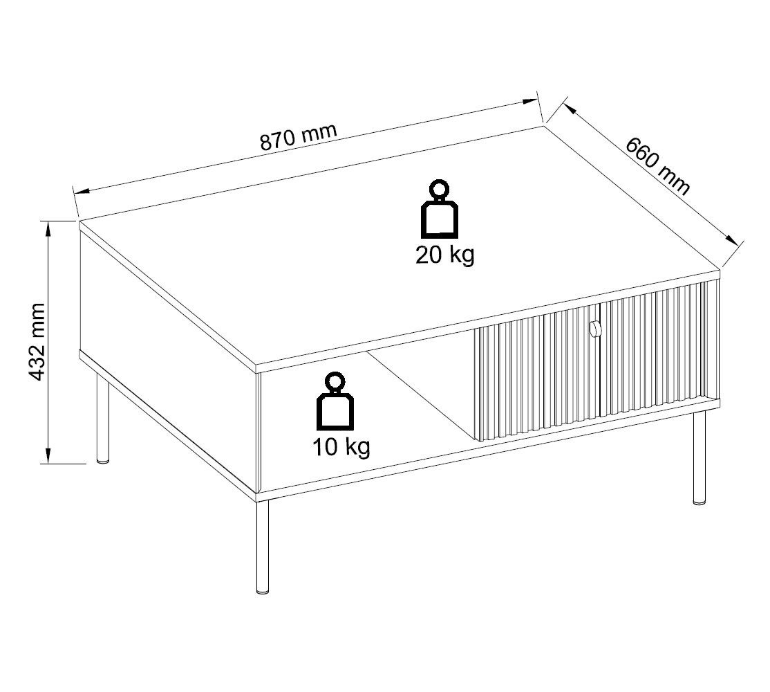 Feldmann-Wohnen Couchtisch Iris (1 Klappe, 2 offene Fächer, 1-St., moderne Optik, gerillte Fronten, Soft-Close, Griffe & Füße aus Metall), 87x66x43,2cm grau