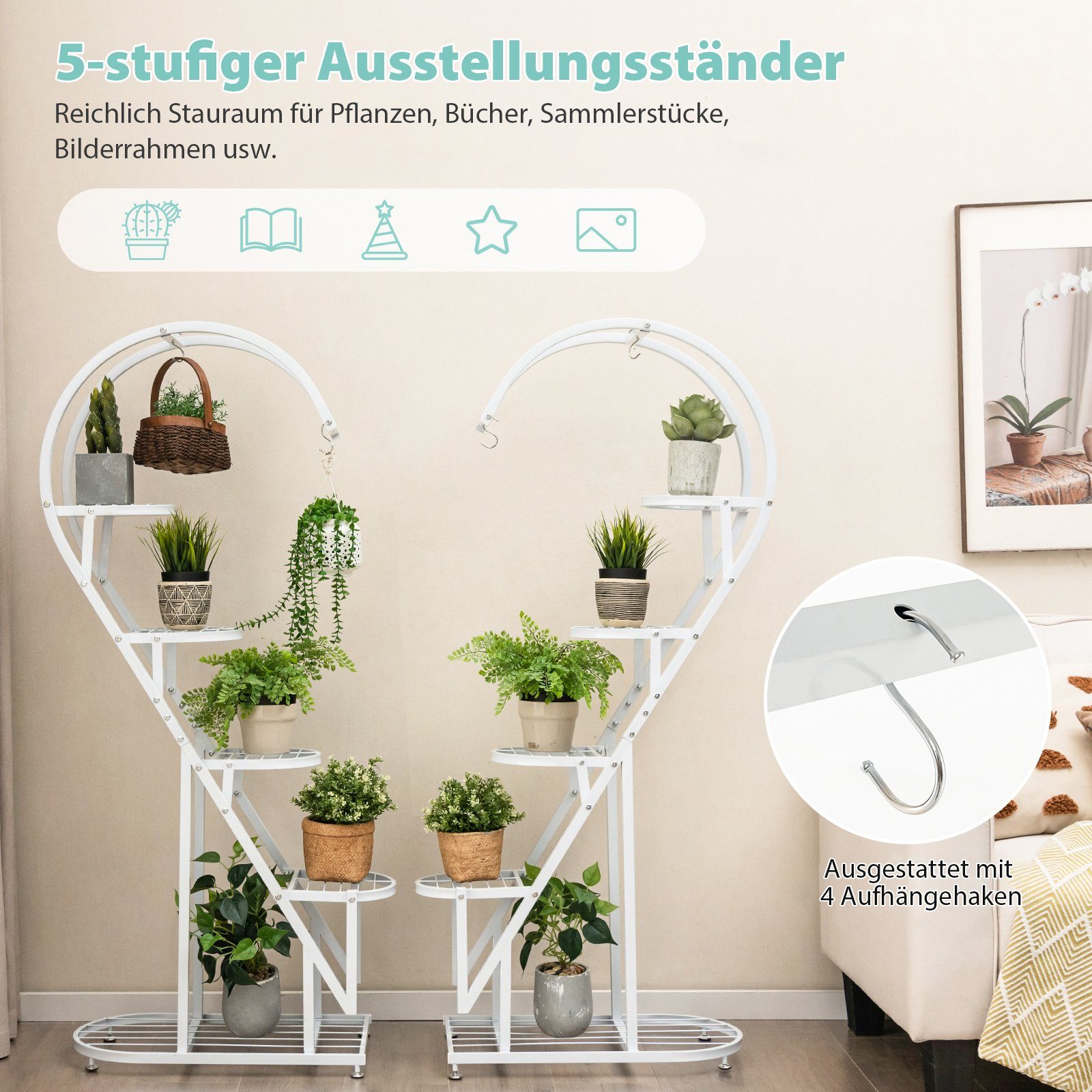 COSTWAY Blumenständer (2 St), Herzförmig, 5-stufiger Pflanzenständer, mit Haken