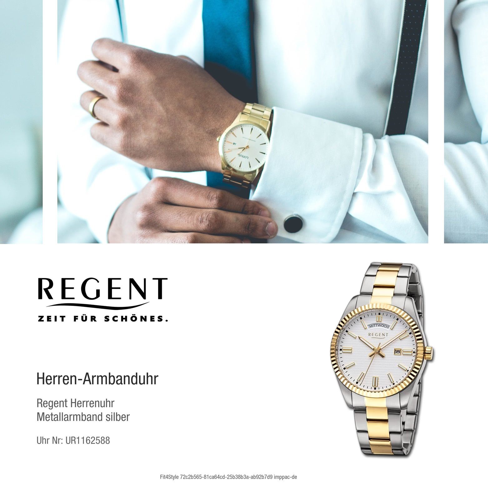 40mm), Analog, groß rund, Regent (ca. Armbanduhr Quarzuhr extra Metallarmband Herren Armbanduhr Herren Regent