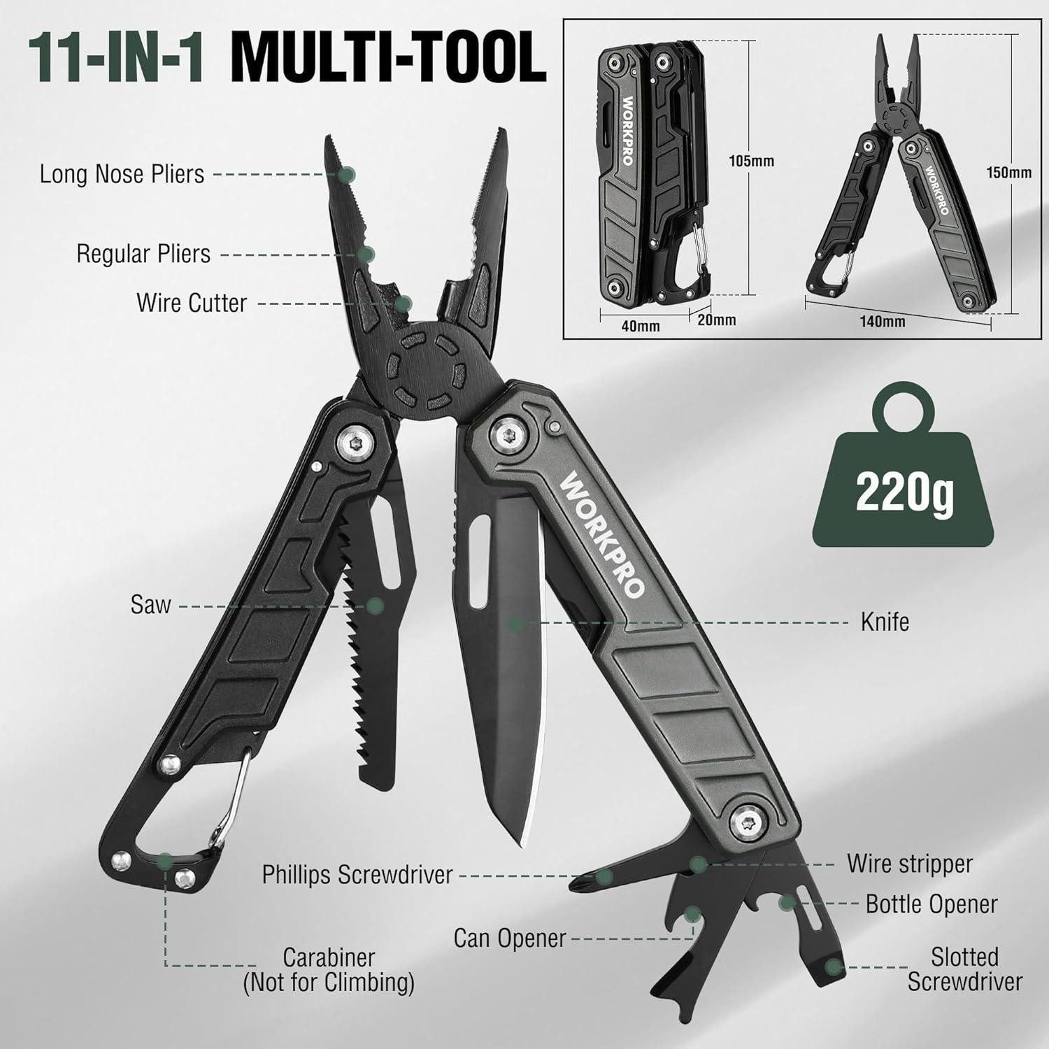 LuxusKollektion Multitool Multifunktionszange 11-in-1 Faltbar Edelstahl Karabiner Spitzzange