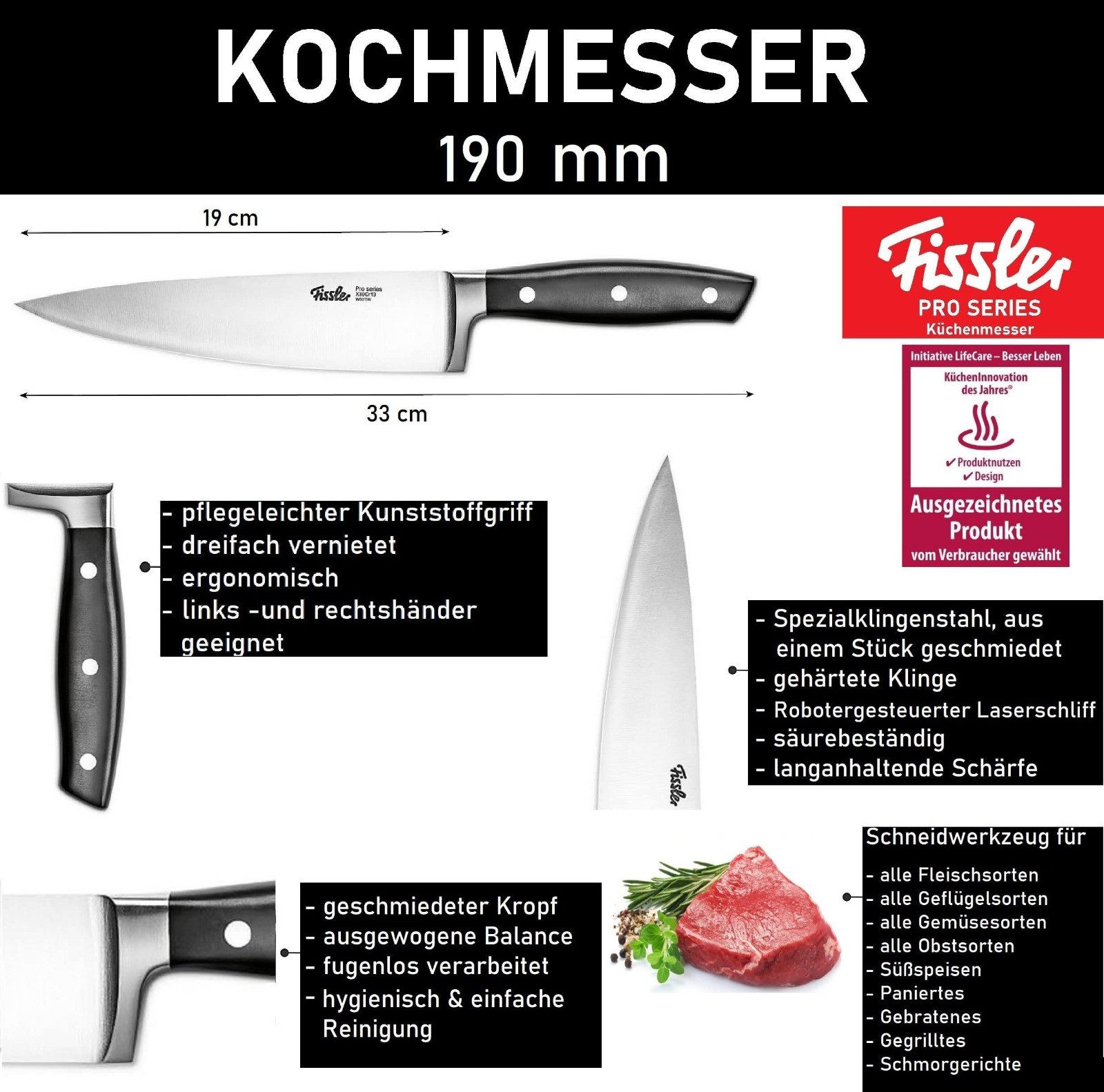Fissler Messer-Set Profi Küchenmesser Kochmesser Fleischmesser Brotmesser Sushimesser (rostfrei, vernietete Griffe, Spülmaschinenfest, Gemüsemesser, Messer, gehärtete Spezialklingen, extra scharf), Messerset, Küchenmesser Fleischmesser, Allzweckmesser Sushi Messer