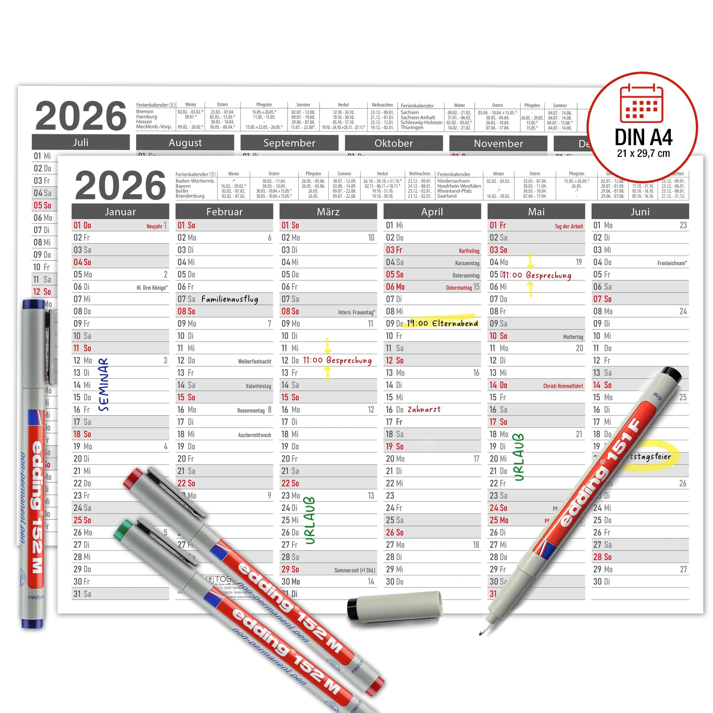 Wandkalender Abwischbarer Wandkalender Grau 2026 A4 - 4 Stifte