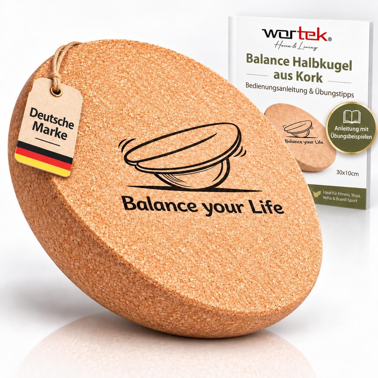 wortek Balanceboard Kork Halbkugel Balance Trainer, Ø 30 x 10 cm für Gleichgewicht, Stabilität & Balance Boards
