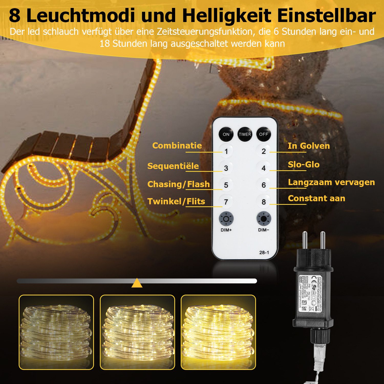 Clanmacy LED-Lichterschlauch LED Lichterschlauch Lichterkette 8 Modi IP65 Wasserdicht Warmweiß 10M