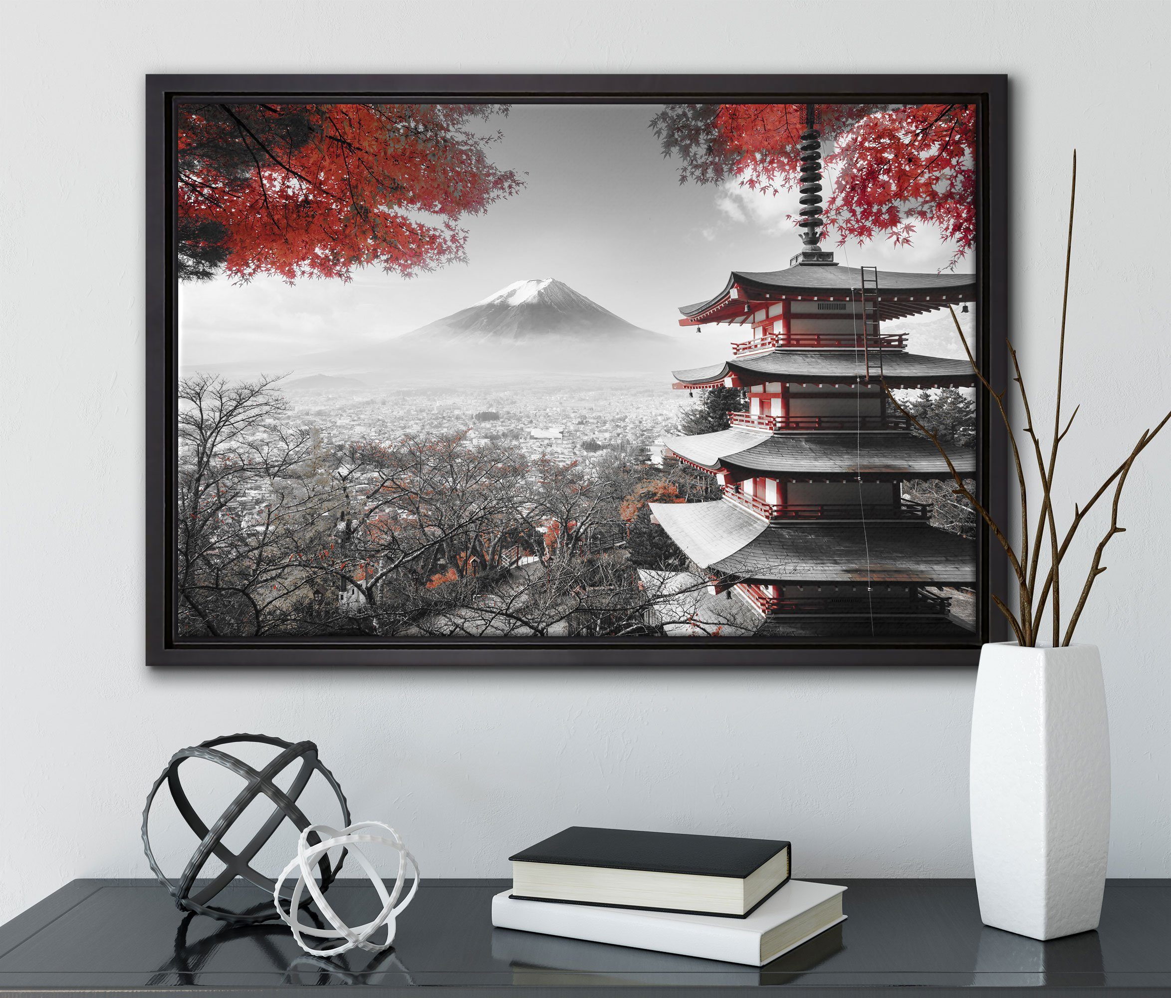 Schattenfugen-Bilderrahmen Japanischer einem Herbst, in (1 Wanddekoration gefasst, fertig bespannt, St), Leinwandbild Leinwandbild Tempel Zackenaufhänger im inkl. Pixxprint