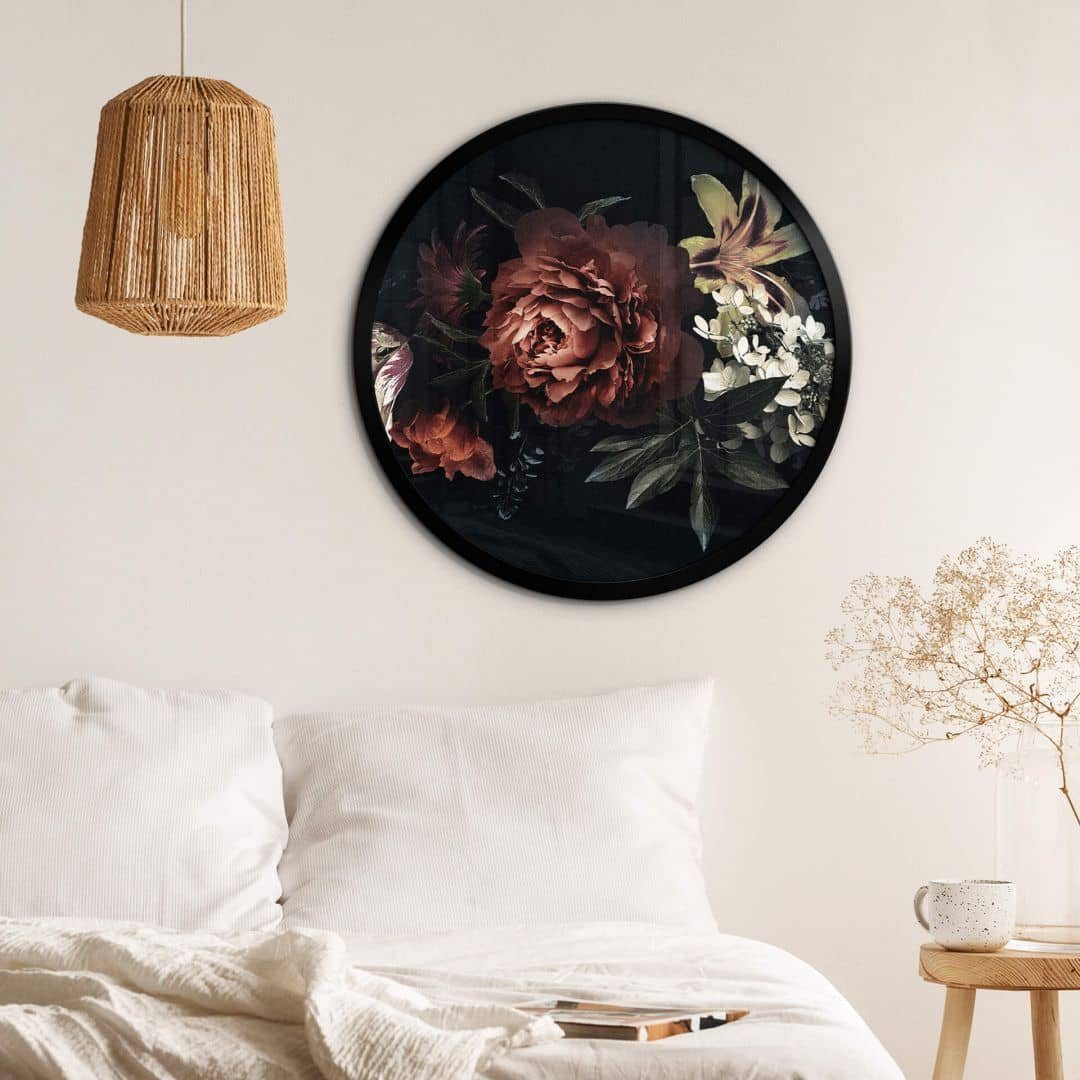 Poster Wandbild Poster Rund Vintage Blumenstrauß Barock Blumenbouquet Rot