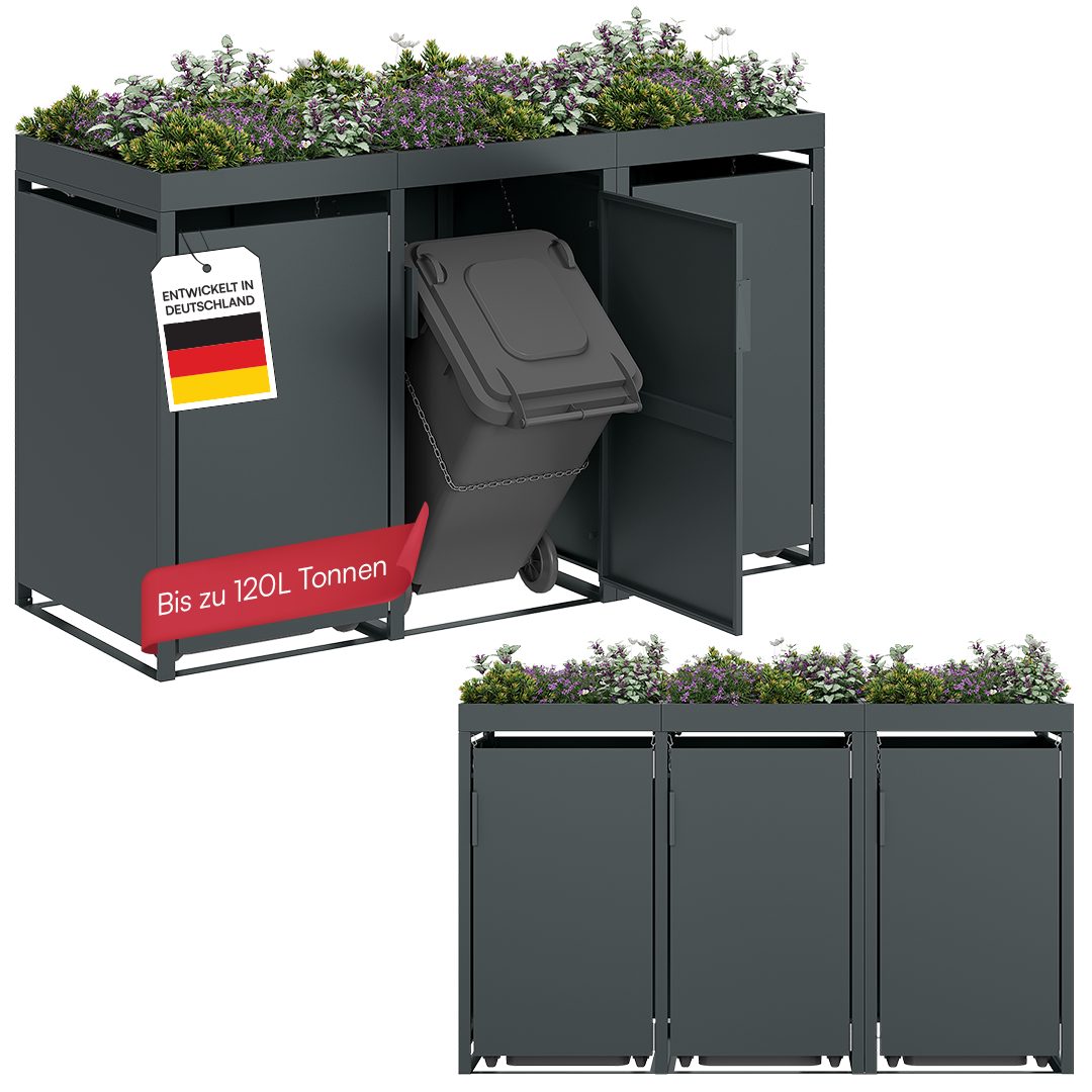 STEELSØN Mülltonnenbox Thoria mit Pflanzendach, Mülltonnenverkleidung aus Stahl (Anthrazit, 120 L, verfügbar mit 1, 2, 3, 4, oder 5 Türen), für 3 Tonnen