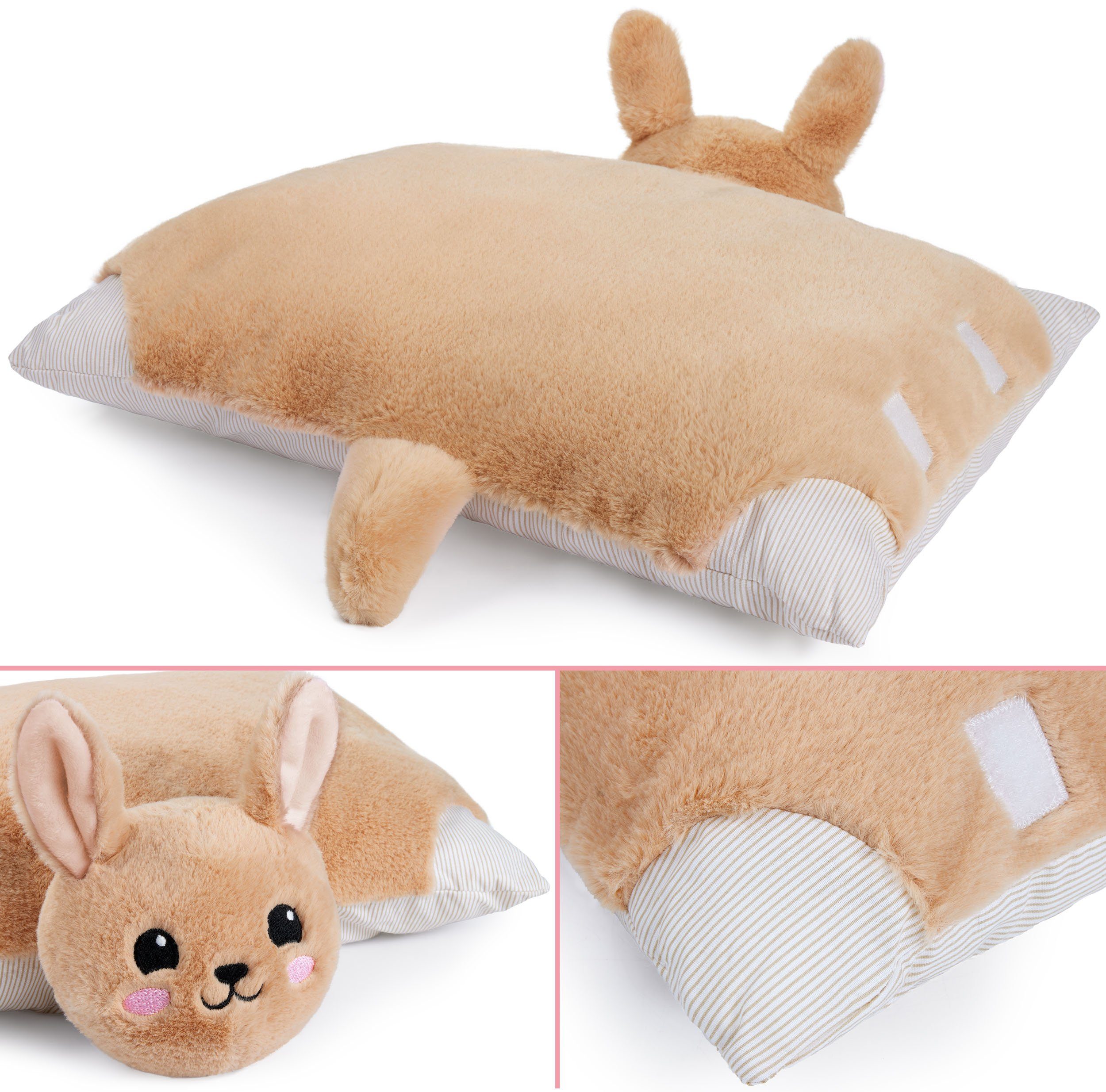 BRUBAKER Kuscheltier Kuscheltierkissen Hase - 2 in 1 Plüschtier und Kuschelkissen (Tierkissen Hasenkissen Stofftier, 1-St., 40 x 30 cm), Kuschelhase - aufklappbares Kinder Plüschkissen mit Klettverschluss
