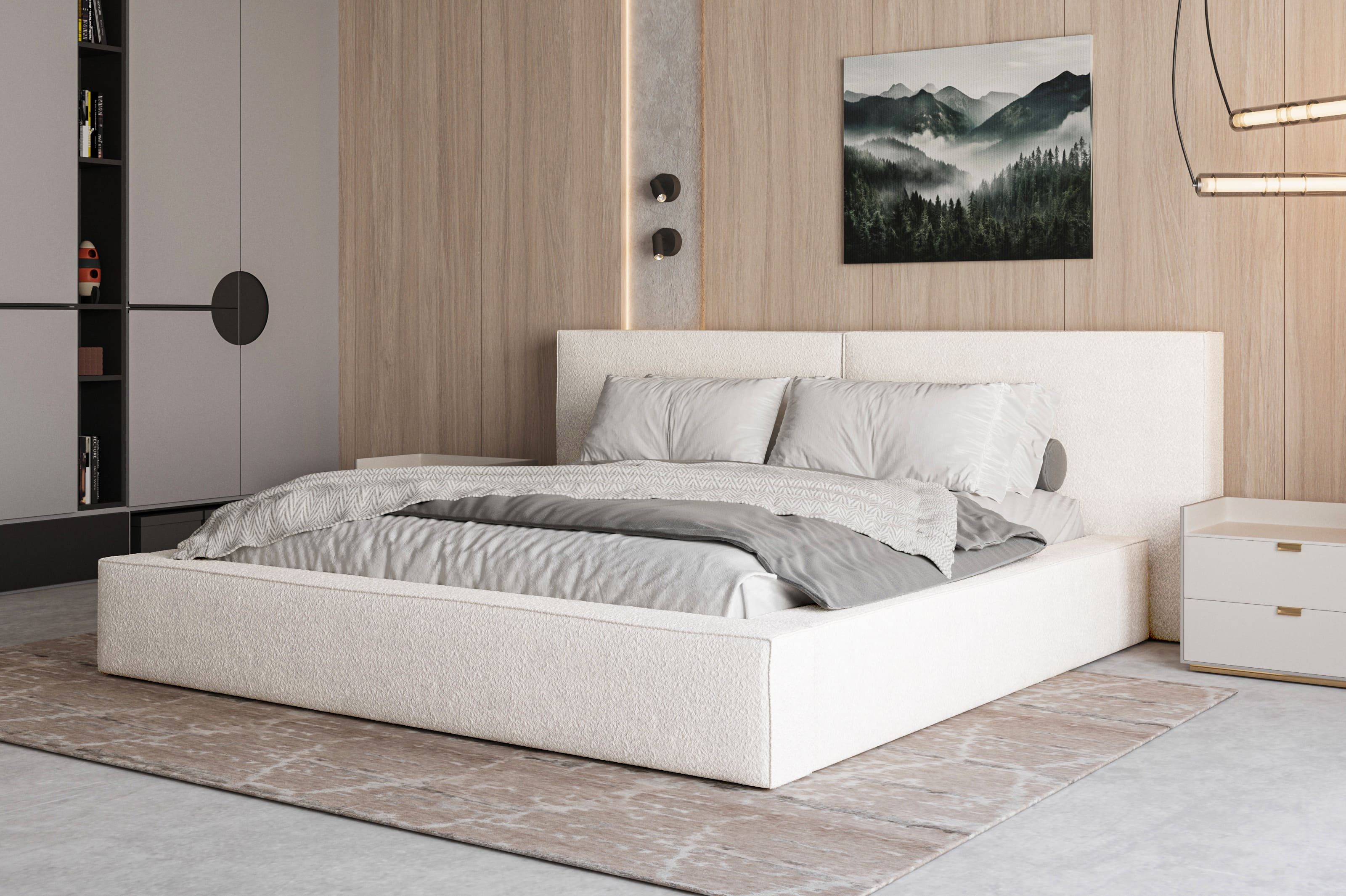 MOEBLO Polsterbett aus Bouclé Bett 06 (Bezug: Boucle, Doppelbett mit Kopfstütze, Rahmenbettgestell, mit Bettkasten und Lattenrost), gepolstertes Kopfteil