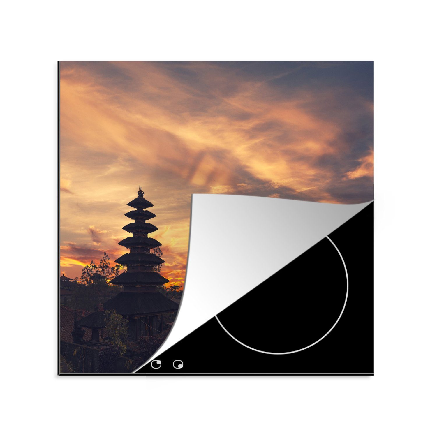 (1 für Herdblende-/Abdeckplatte bei Besakih-Tempel küche MuchoWow Pura 78x78 Sonnenuntergang, Ceranfeldabdeckung, Arbeitsplatte tlg), Bali cm, Vinyl, in