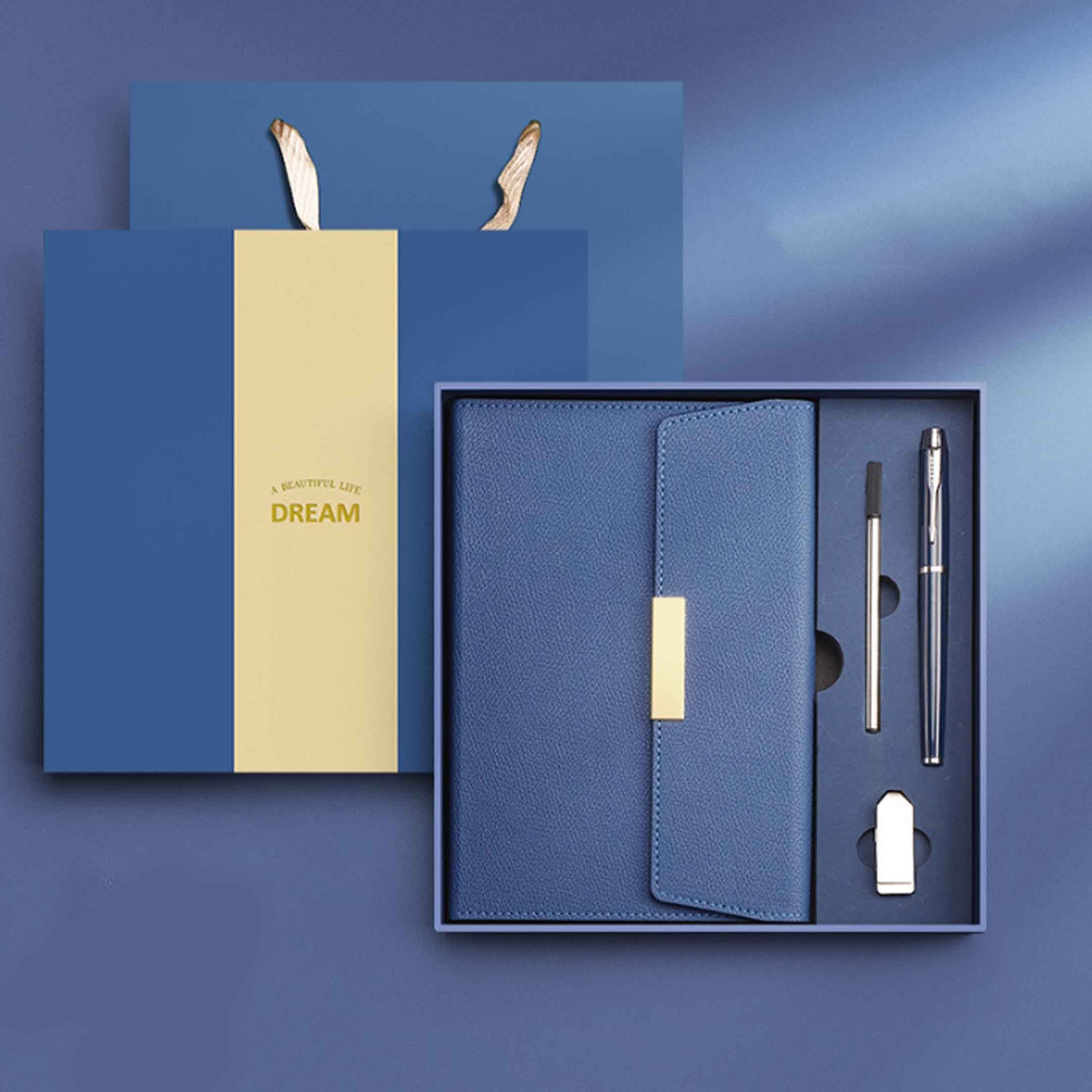 feinlux Notizbuch Business-Notizbuch-Geschenkset mit drei Falten, 80g Schreibpapier, Elastischer Stifthalter, Fadenheftung