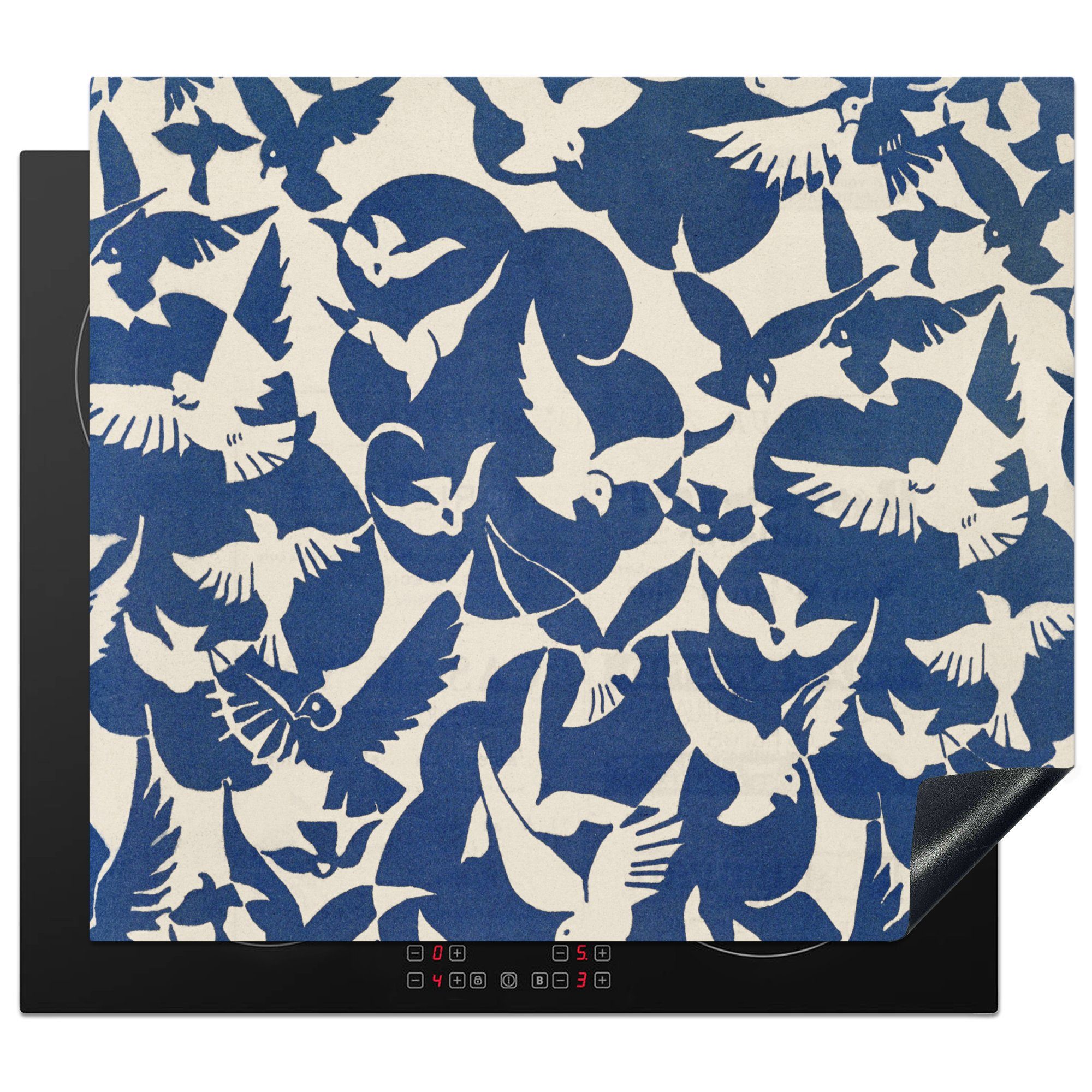 MuchoWow Vögel cm, Blau - 60x52 - Herdblende-/Abdeckplatte Mobile - Weiß, Muster Ceranfeldabdeckung nutzbar, tlg), Arbeitsfläche Vinyl, (1