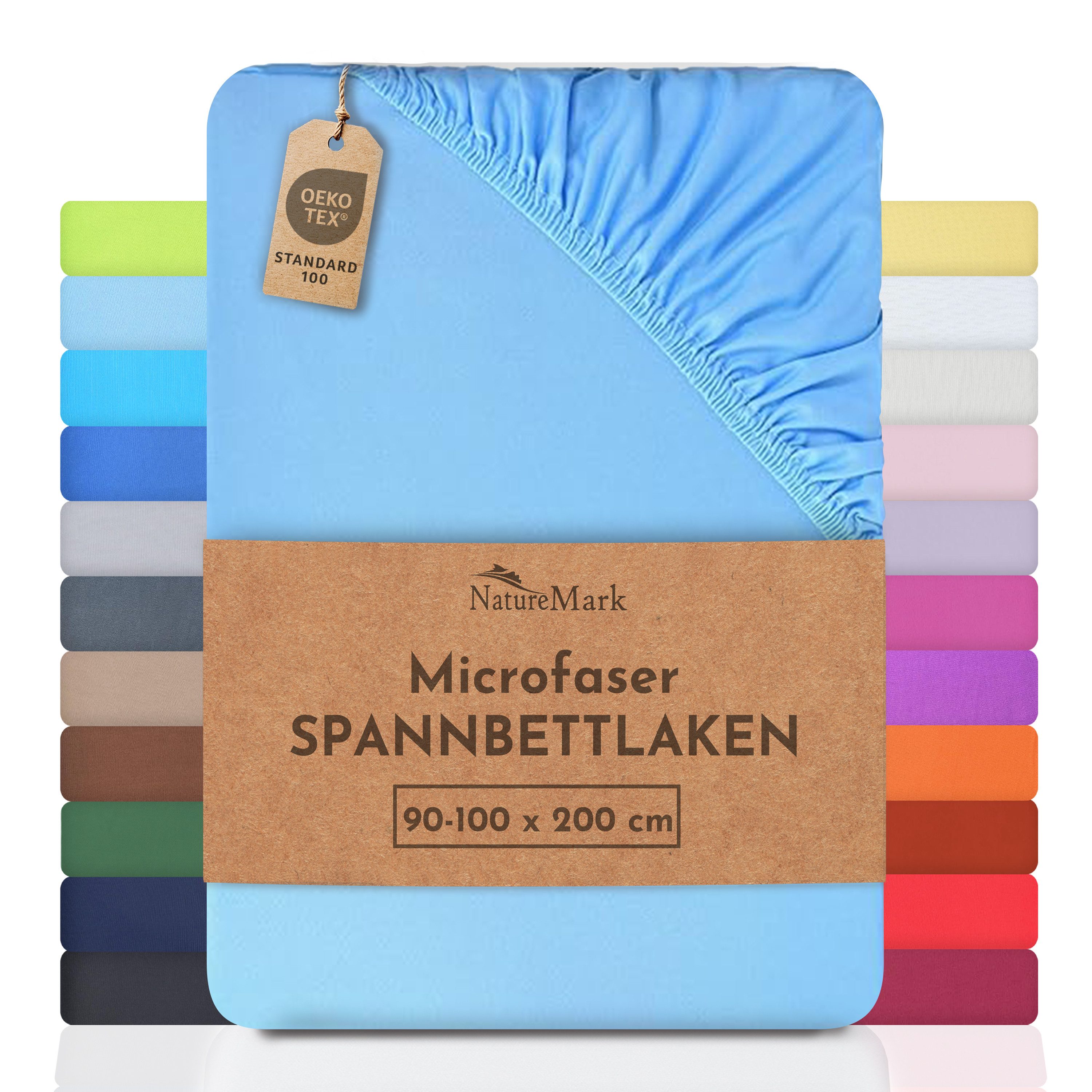 NatureMark Spannbettlaken Mikrofaser Spannbetttuch, Polyester, Gummizug: rundum, viele Größen und Farben Markenware, 90x200cm, Hell blau