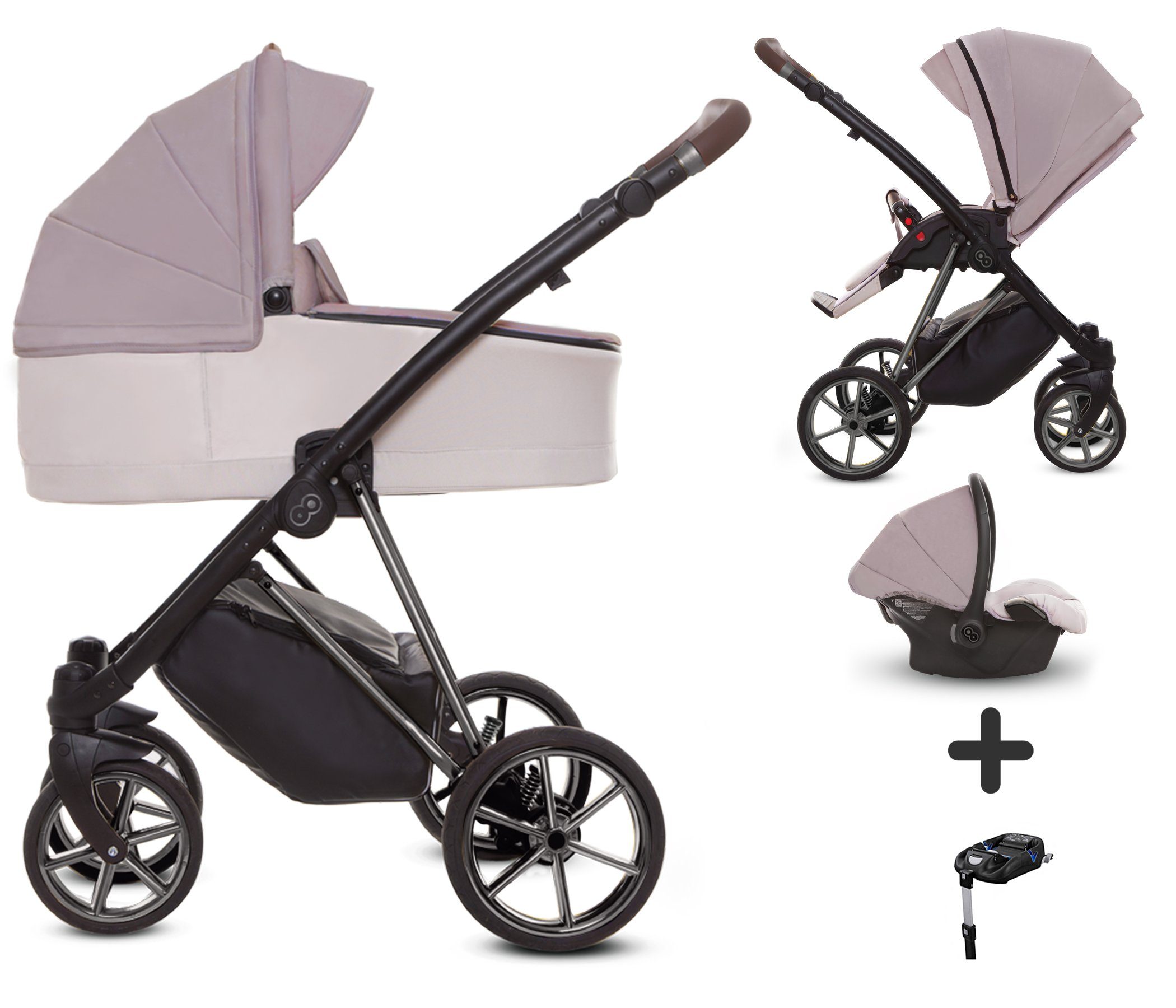 TPFLiving Kombi-Kinderwagen 4 in 1 Musse Ultra, Baby Buggy Babywanne Autositz Isofix, großes Zubehör-Set Kinderwagen 4 in 1 Stoff Pastell, Gestell Silber Pastel | Gestell Silber