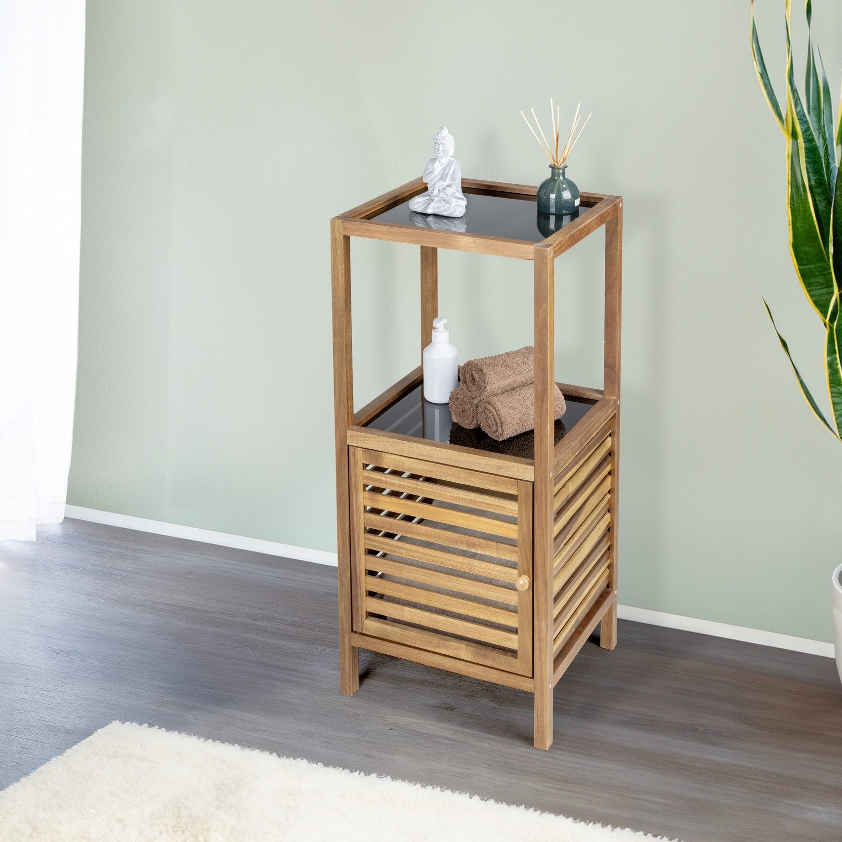 WENKO Badregal Fondi, Regal für Haushalt und Badezimmer, Akazienholz mit Glasböden