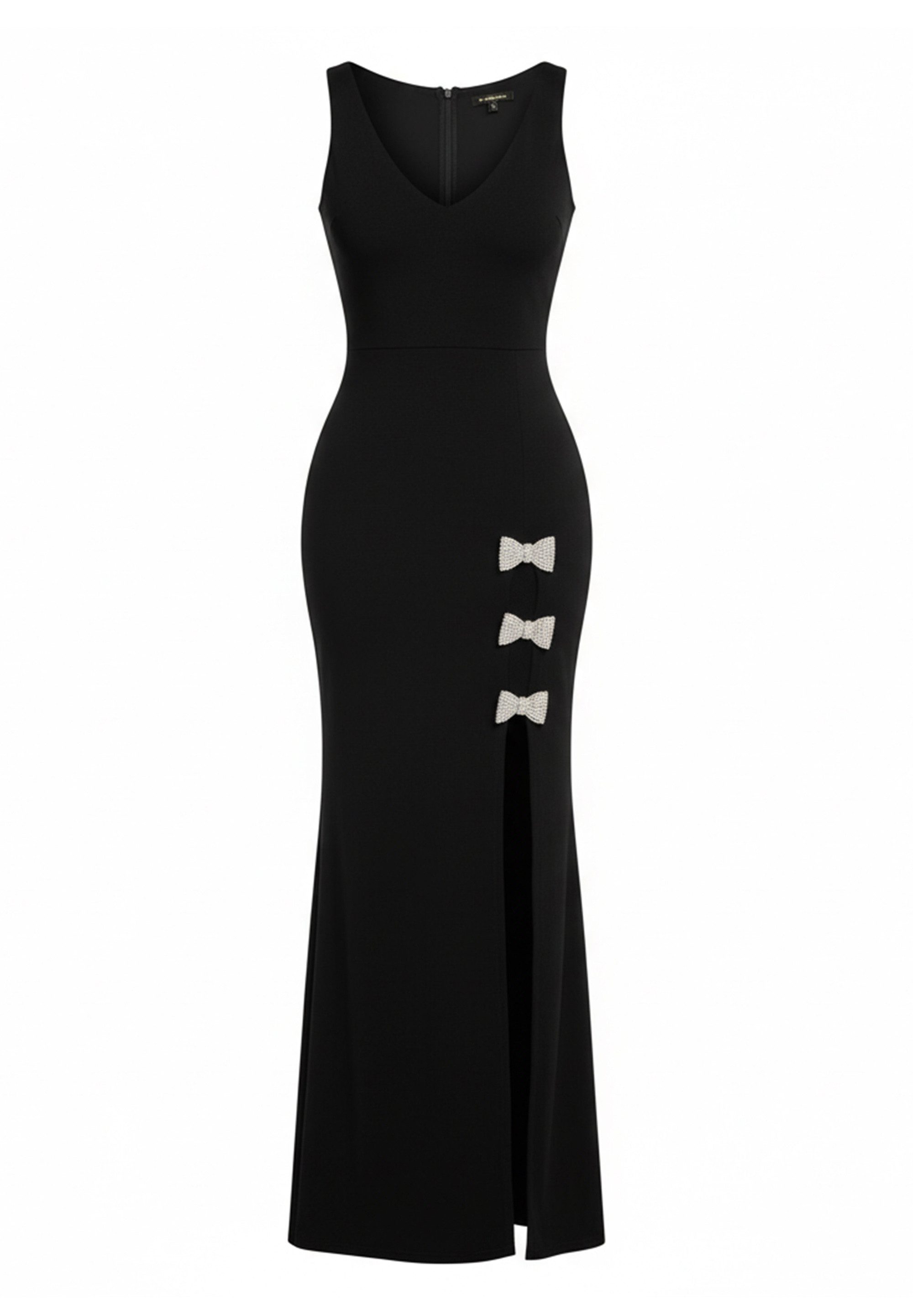 Goddiva Maxikleid Diamante Brooch Thigh Split Mermaid Maxi Dress Lange Kleid, mit Schlitz, V-Ausschnitt